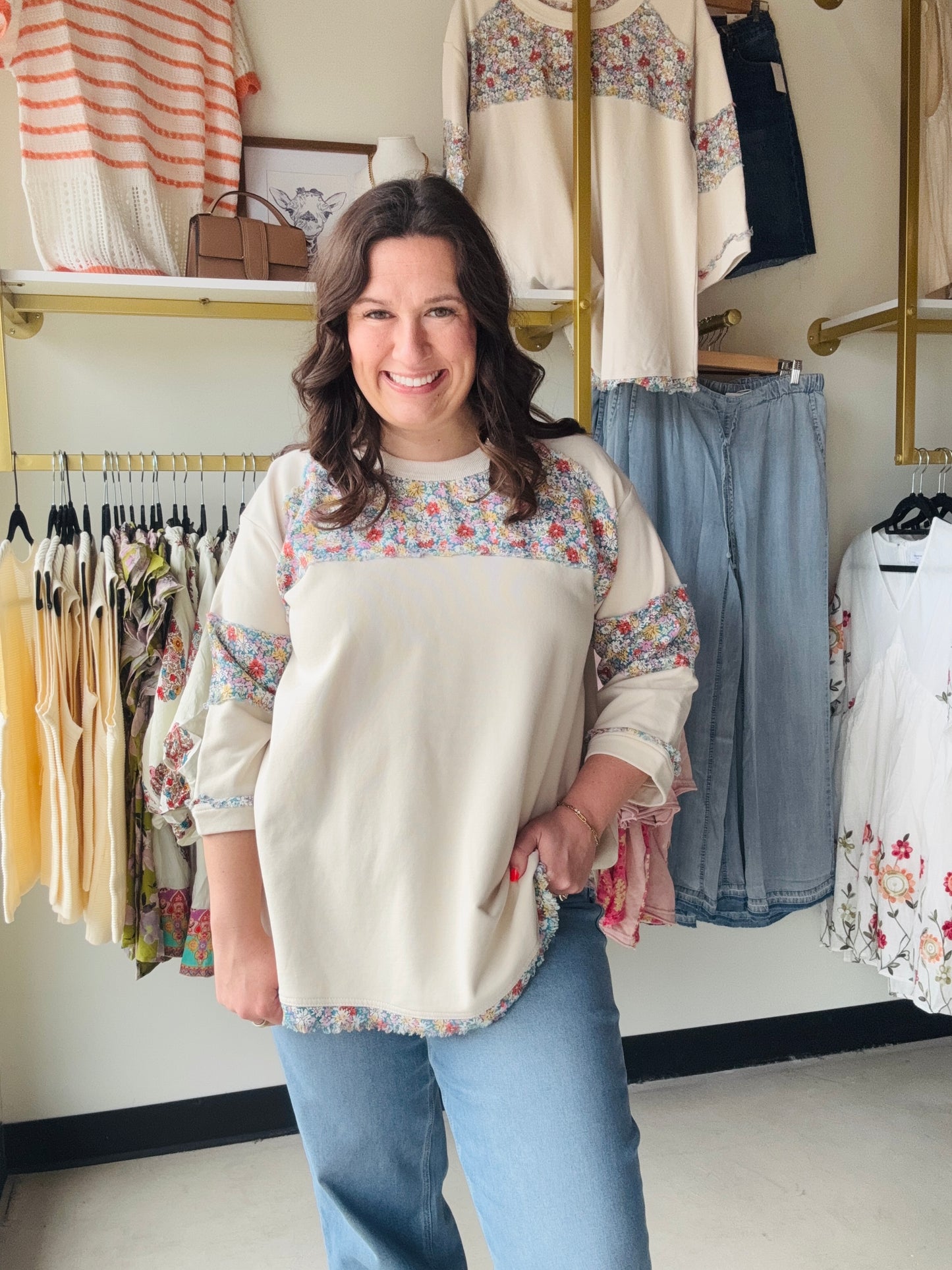 Ecru Mixed Floral Terry Top
