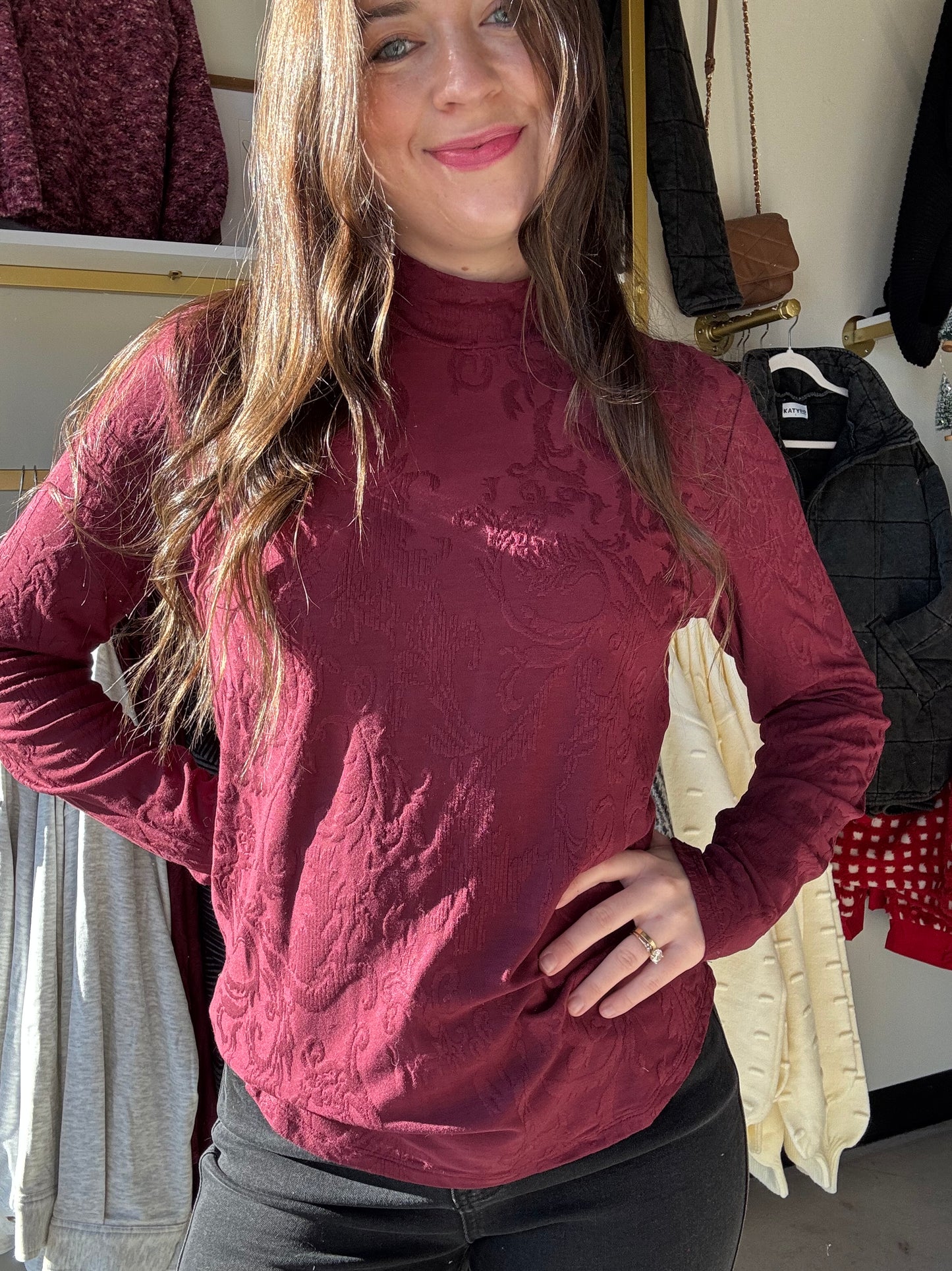 Wine Jacquard Knit Long Sleeve