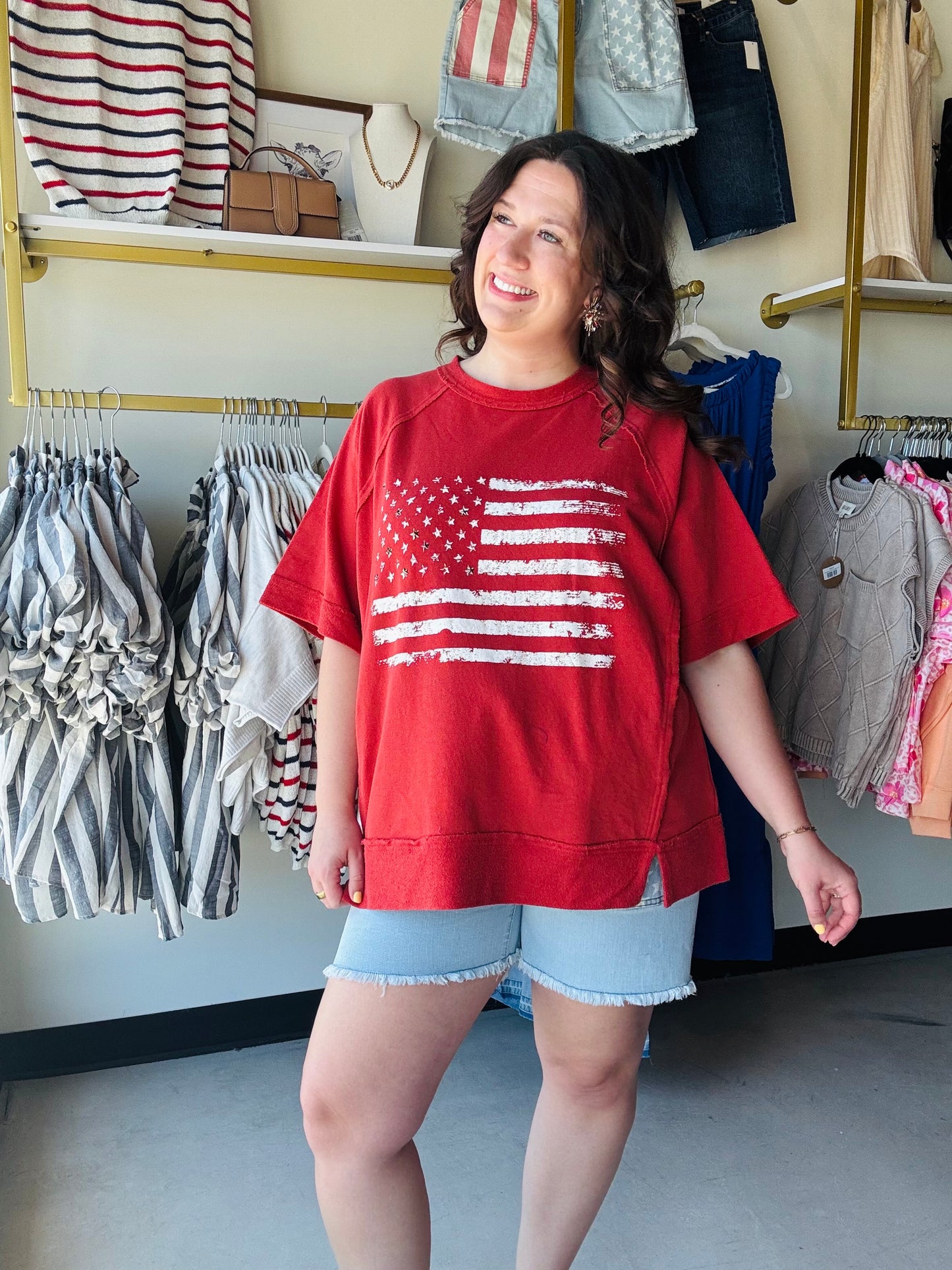 Red Studded Americana Terry Knit Top