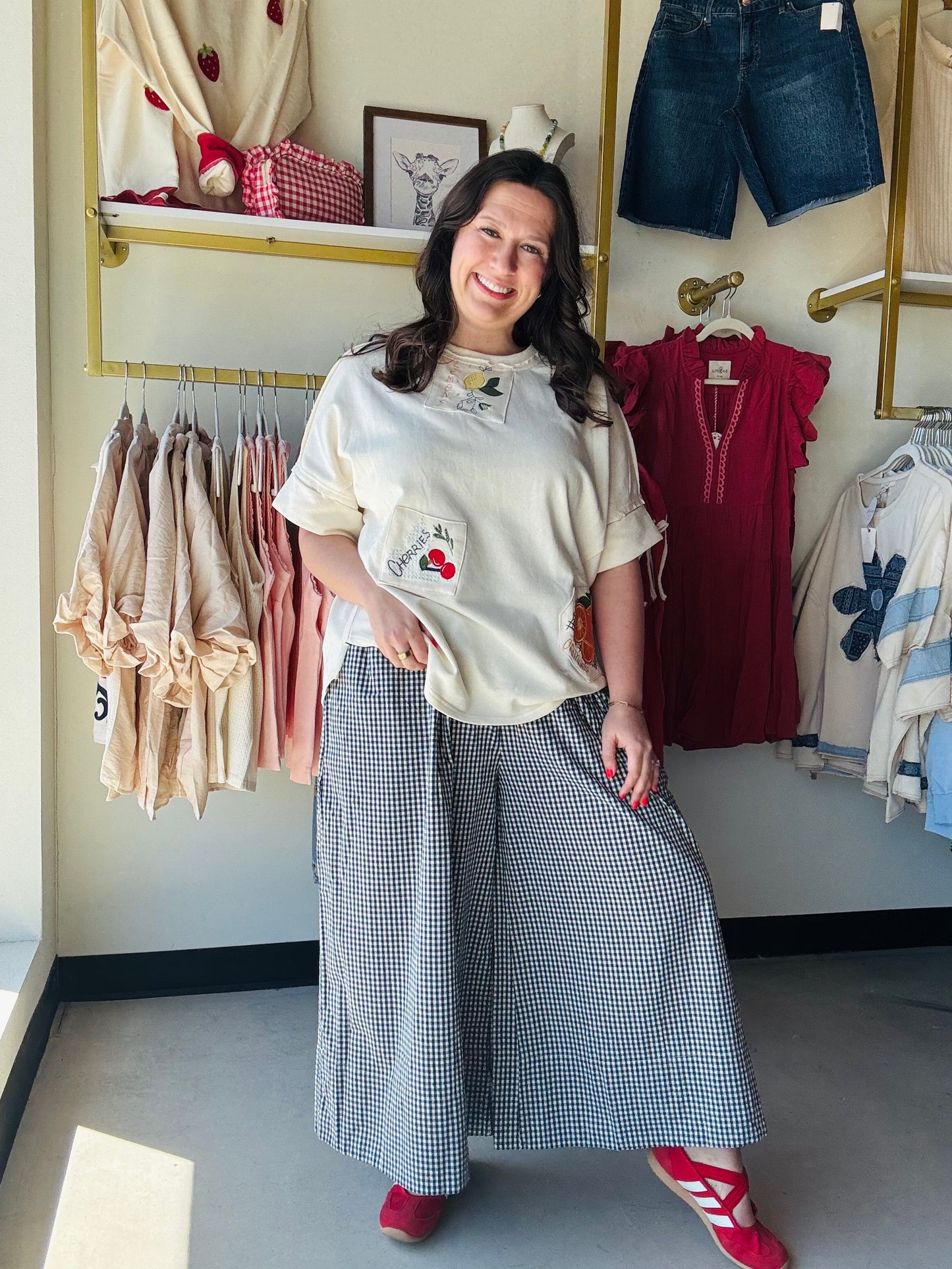 Navy Gingham Wide Leg Pants