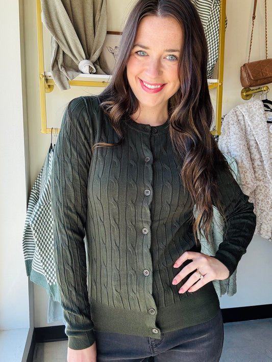 Olive Button Up Cable Knit Cardigan