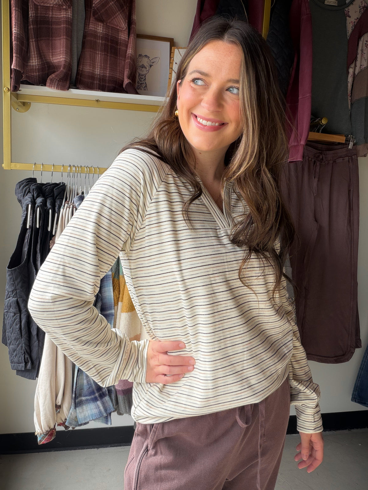 Ivory Striped V Neck Brushed Top