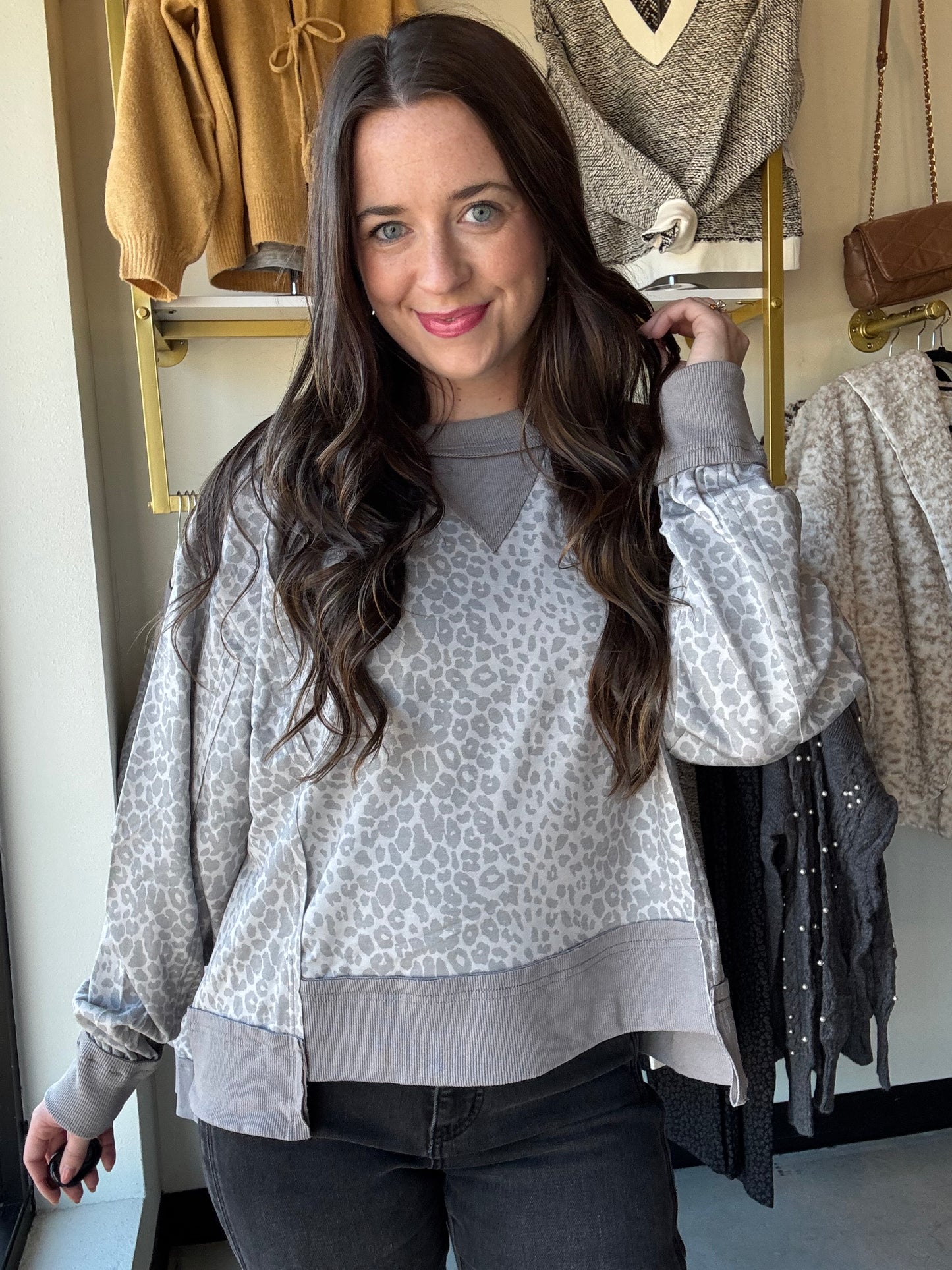 Grey Leopard Crewneck Pullover