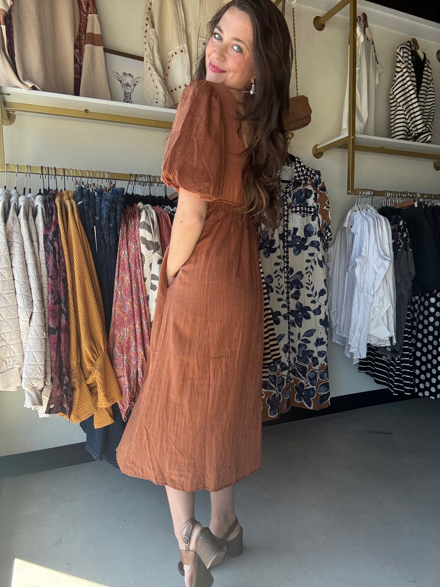 Rust Pin Stripe Midi Dress