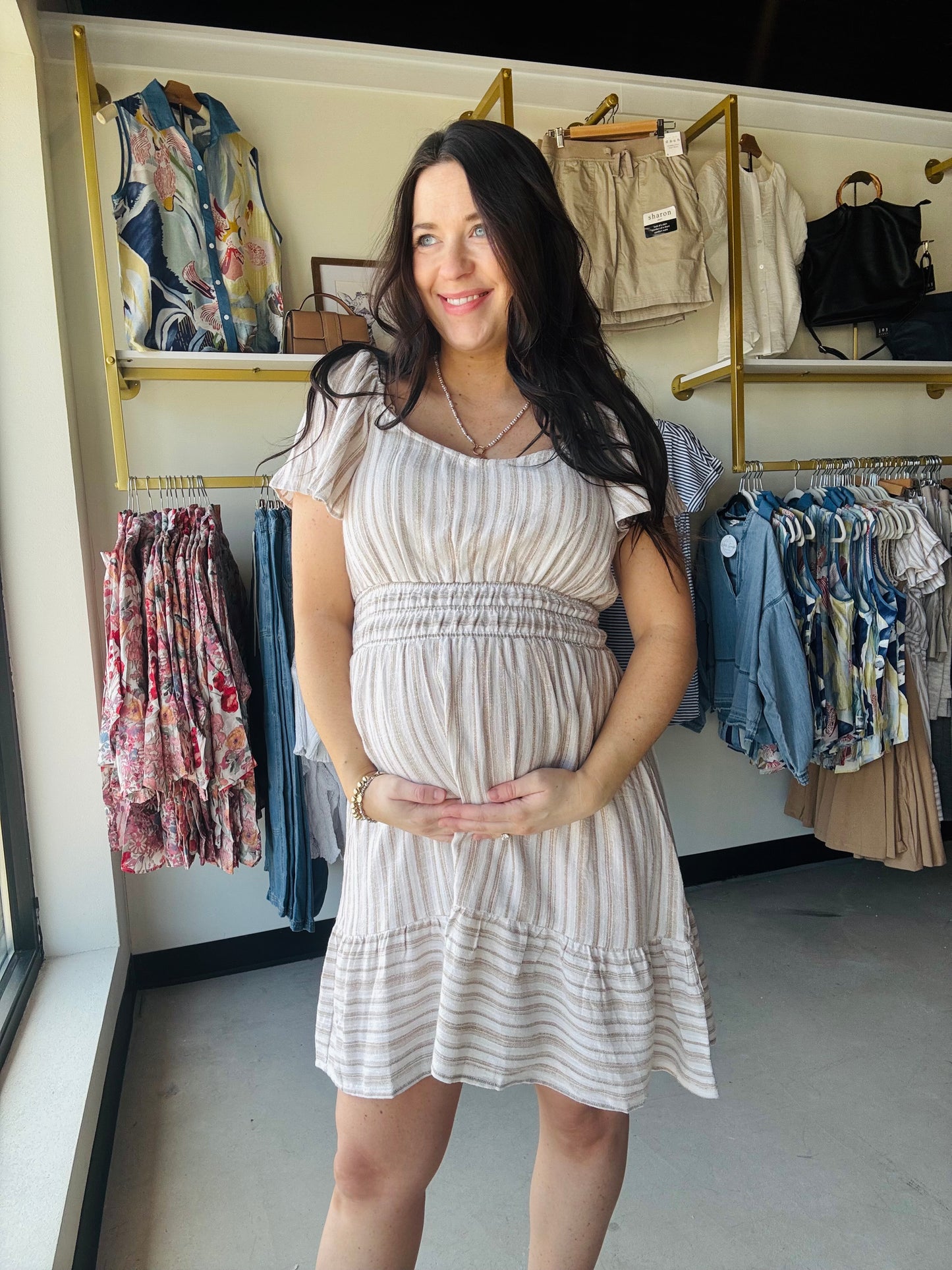 Natural Stripe Flutter Sleeve Dress