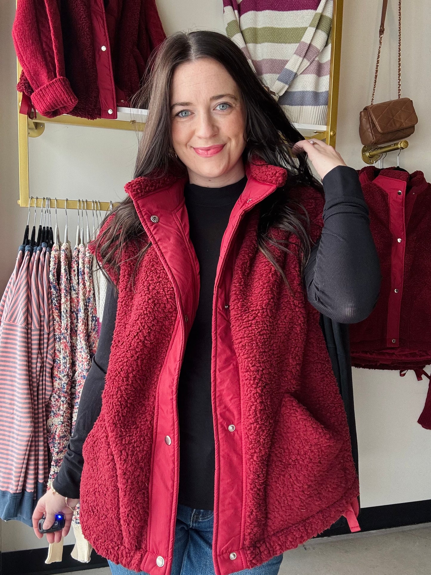 Red fleece vest for layering