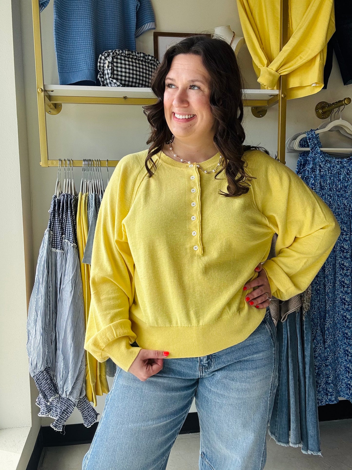 Yellow Button Henley Sweater Pullover