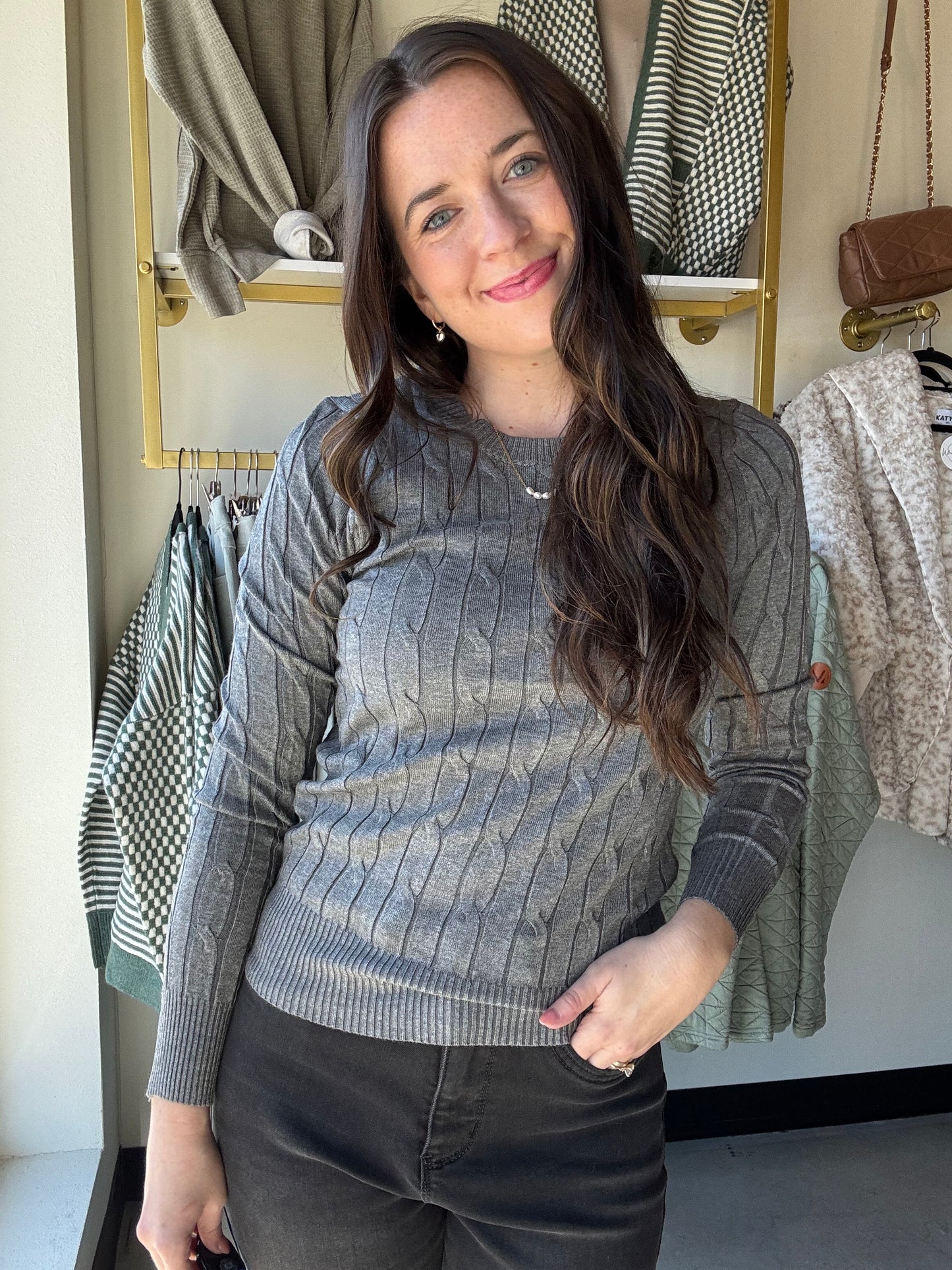 Heather Gray Cable Knit Crewneck