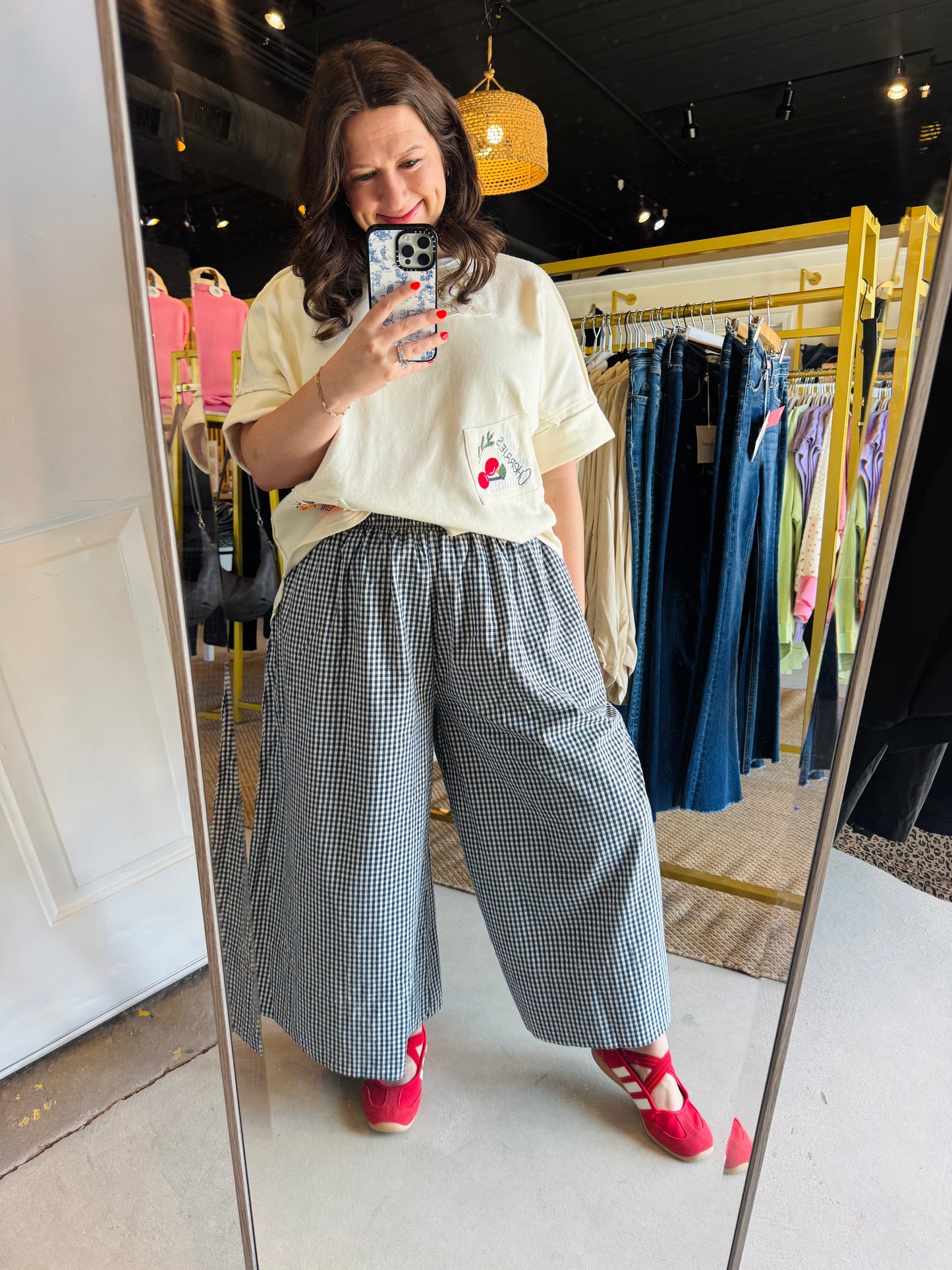 Navy Gingham Wide Leg Pants