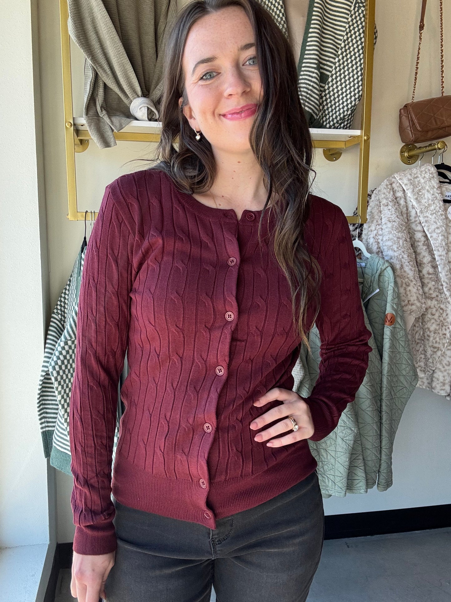 Burgundy Button Up Cable Knit Cardigan