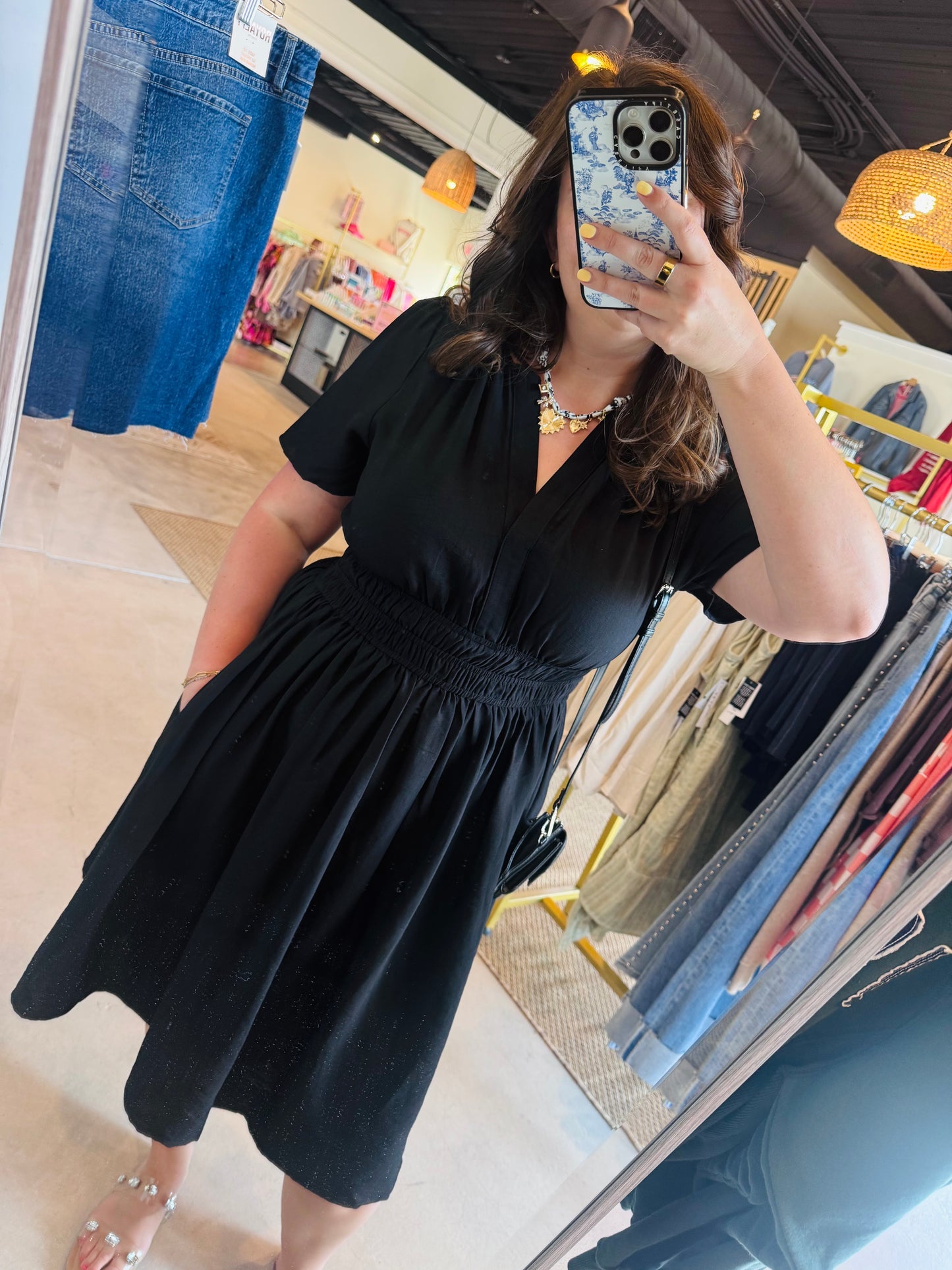Black Cinched Waist Midi Dress