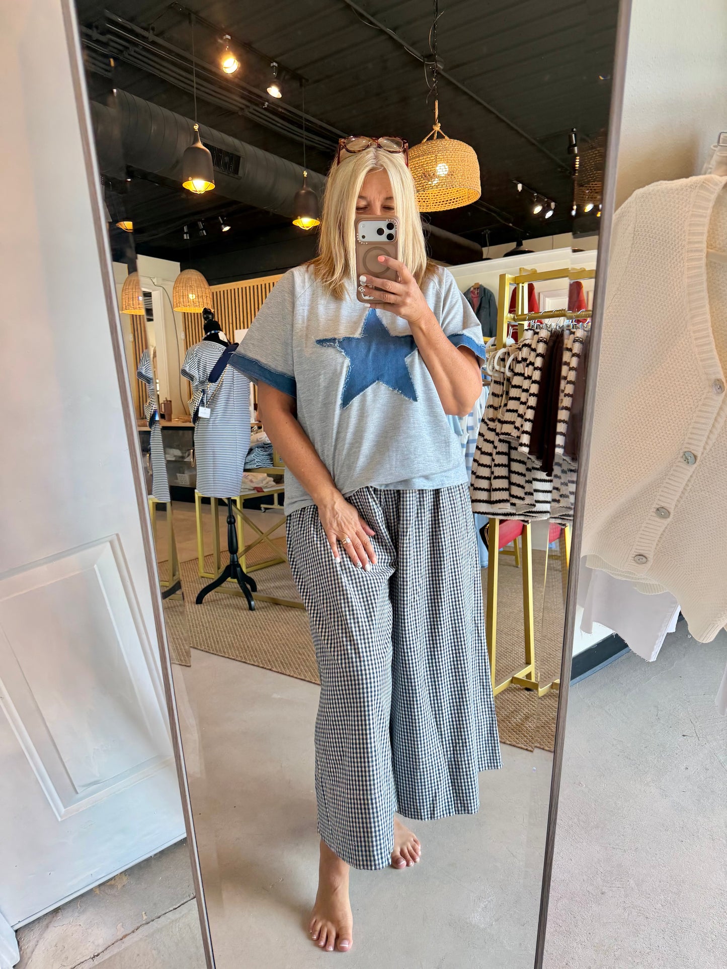 Navy Gingham Wide Leg Pants