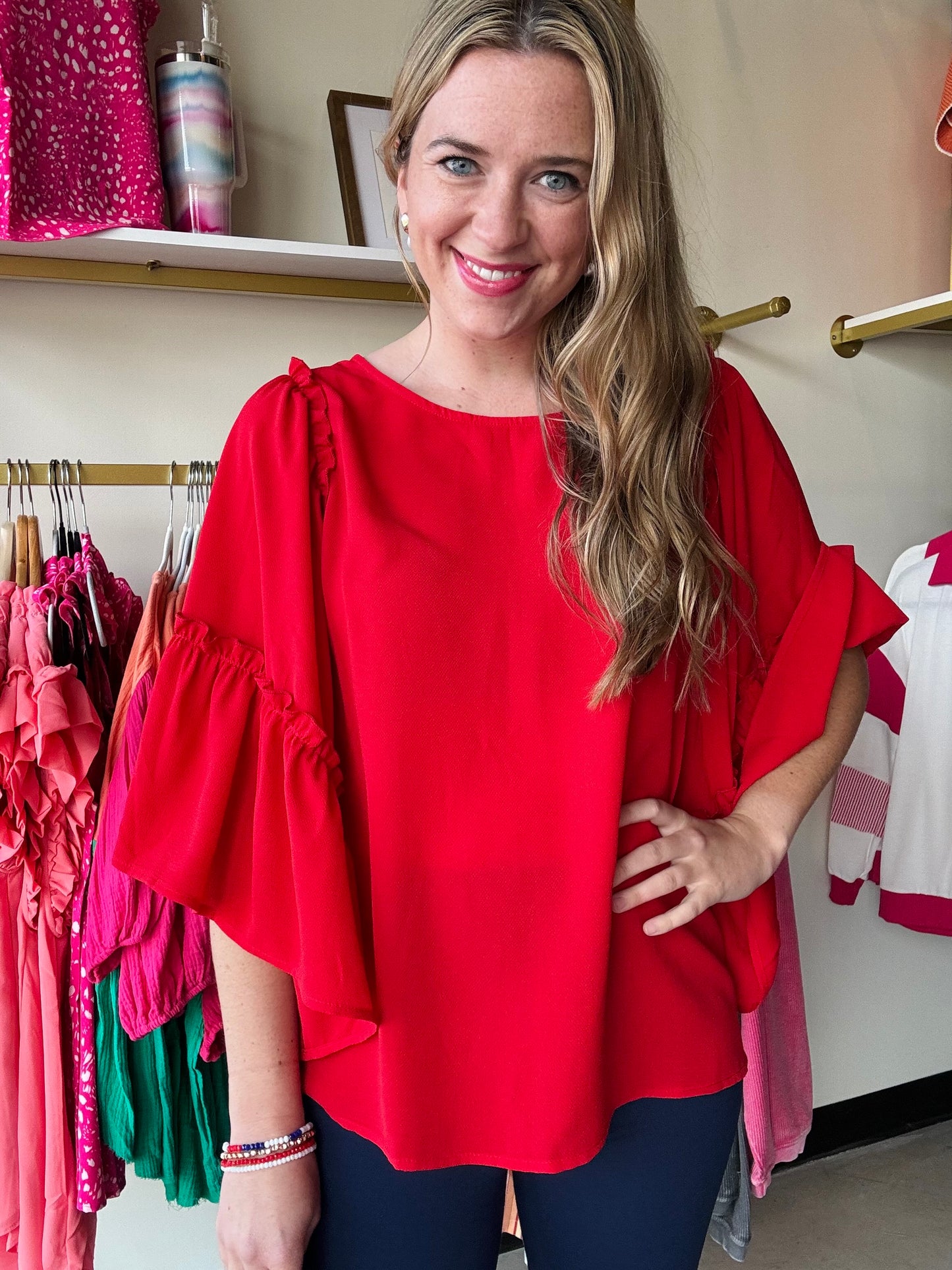 Blaine Ruffle Sleeve Top - Red