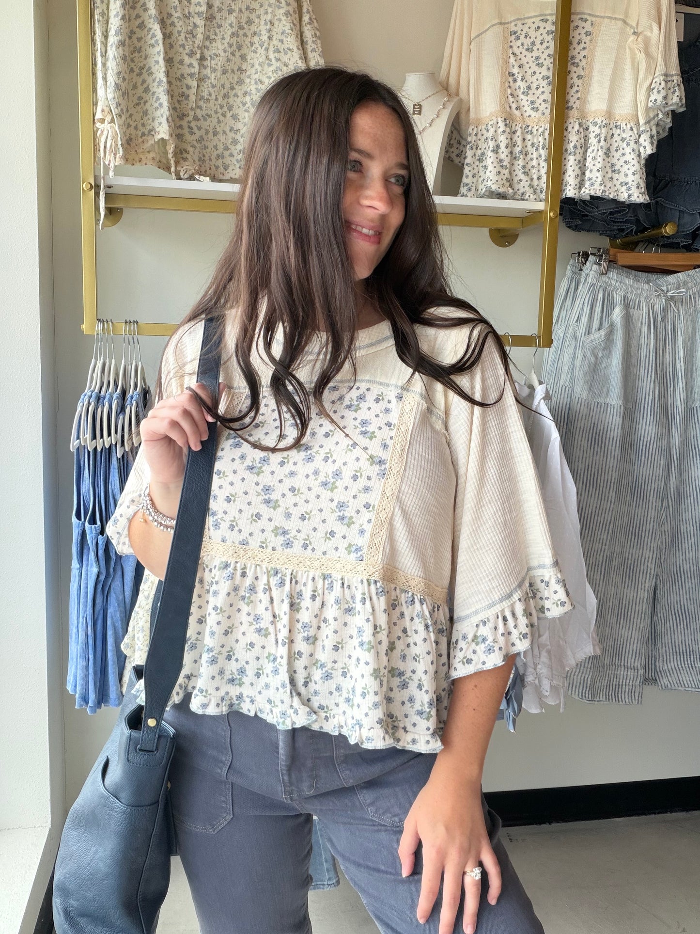 Dainty Floral Peplum Ribbed Top