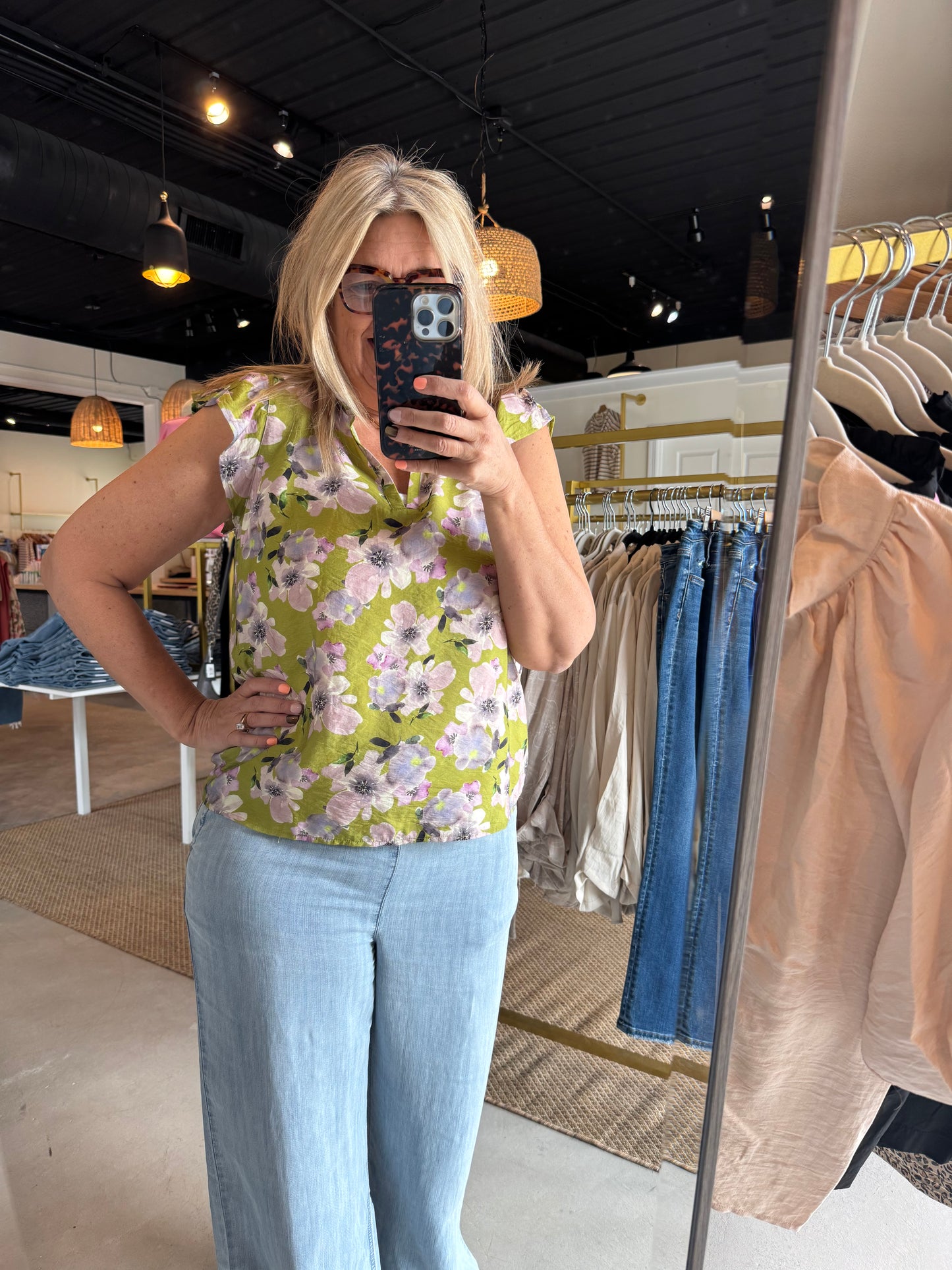 Olive Floral Flutter Sleeve Blouse
