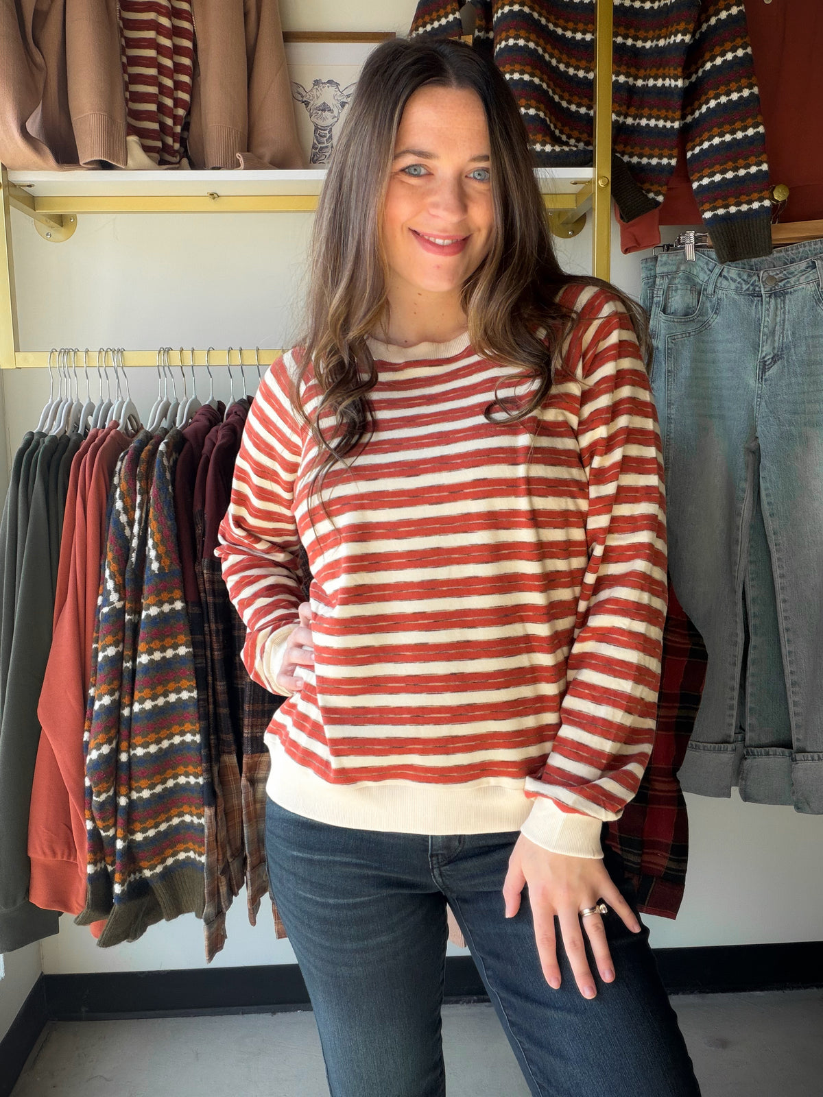 Rust Stripe Wide Neck Brushed Top