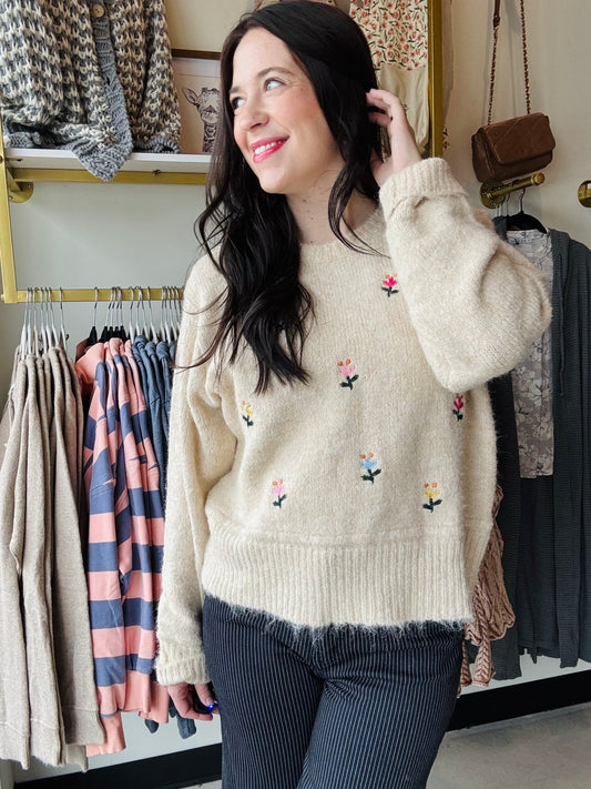 Oatmeal Floral Embroidered Sweater