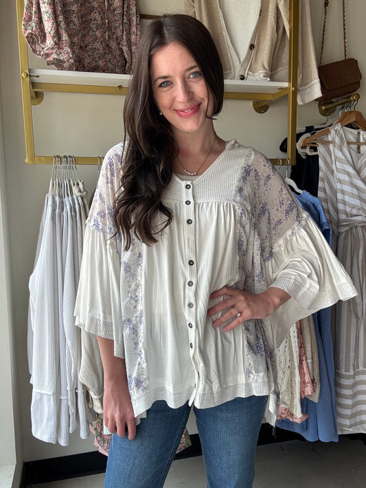 Purple Flower Flowy Button Top