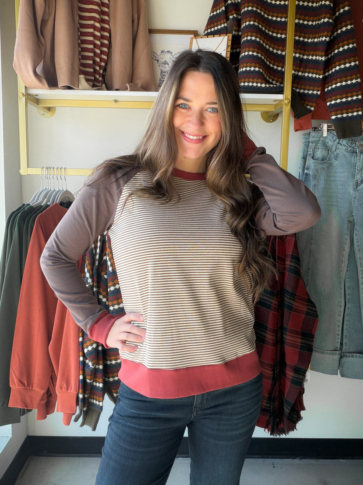 Brown Stripe Ribbed Crewneck