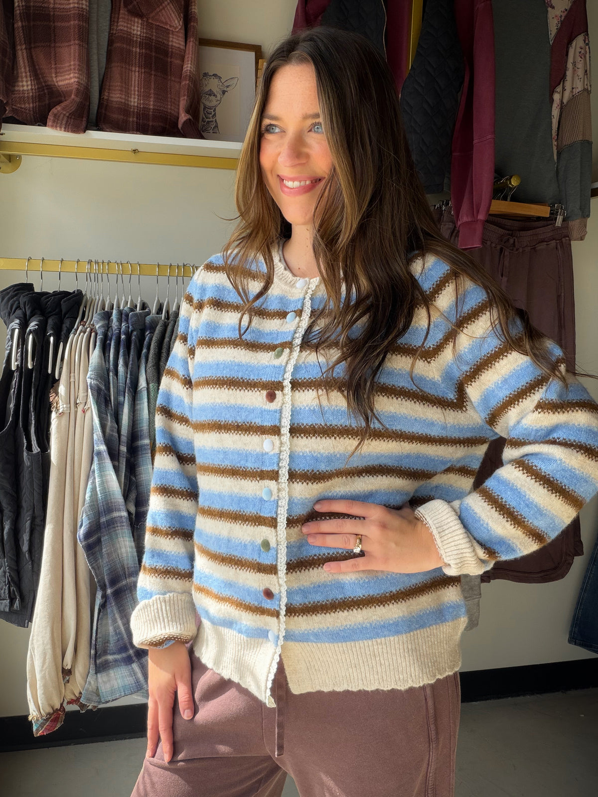 Brown & Blue Striped Button Cardi