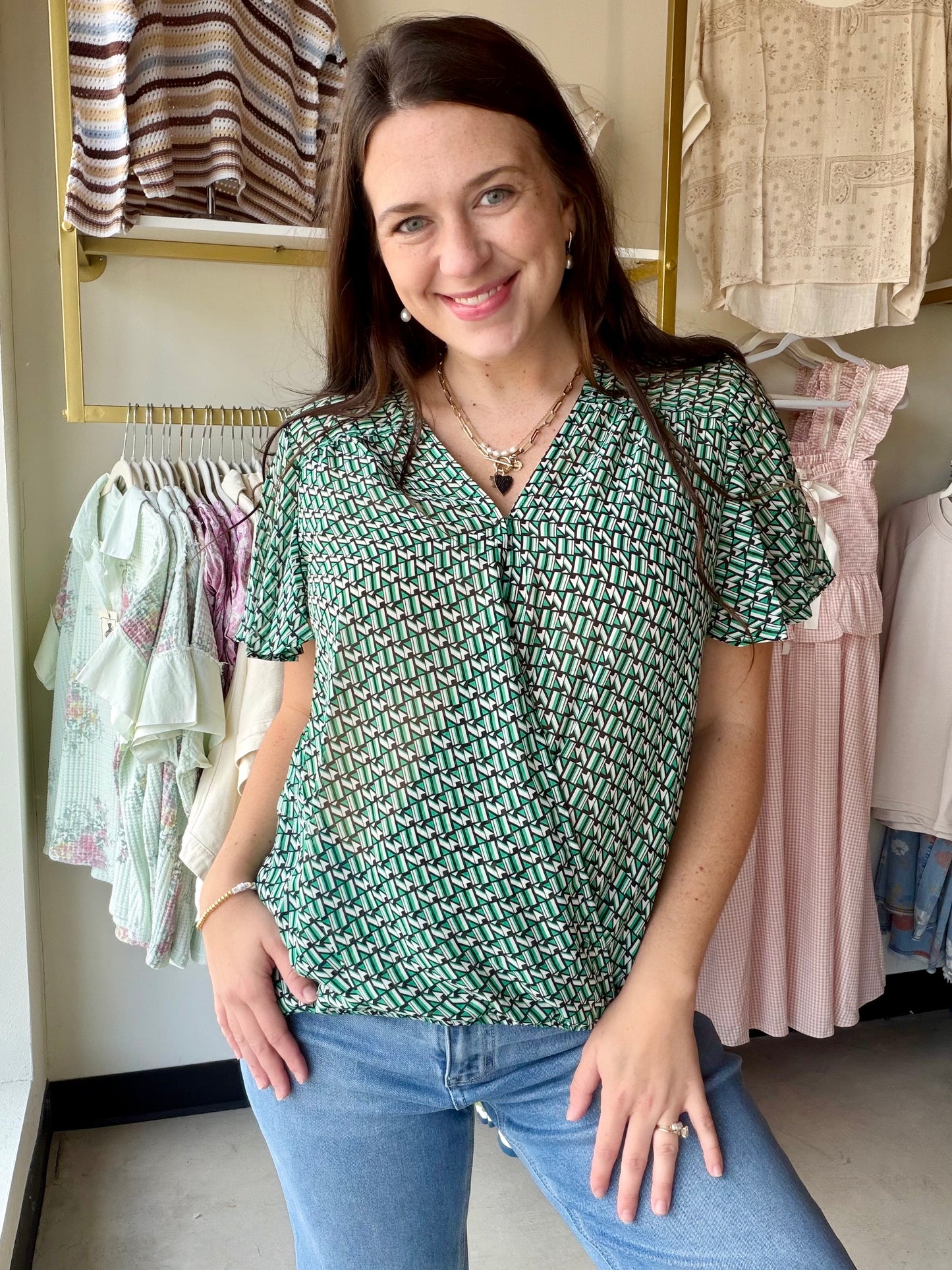 Hunter Green Geometric Top