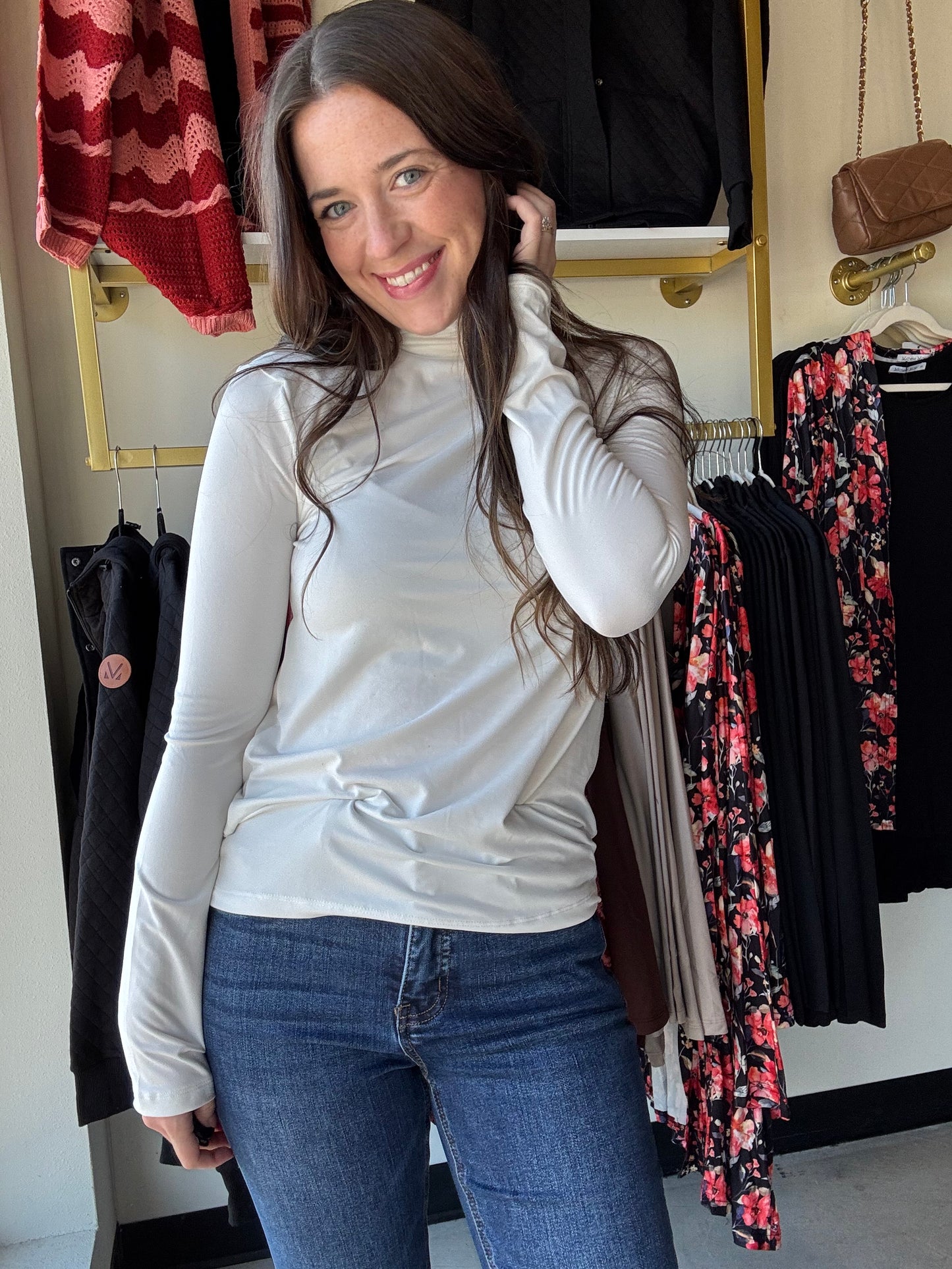 Off White Microfiber Mock Neck