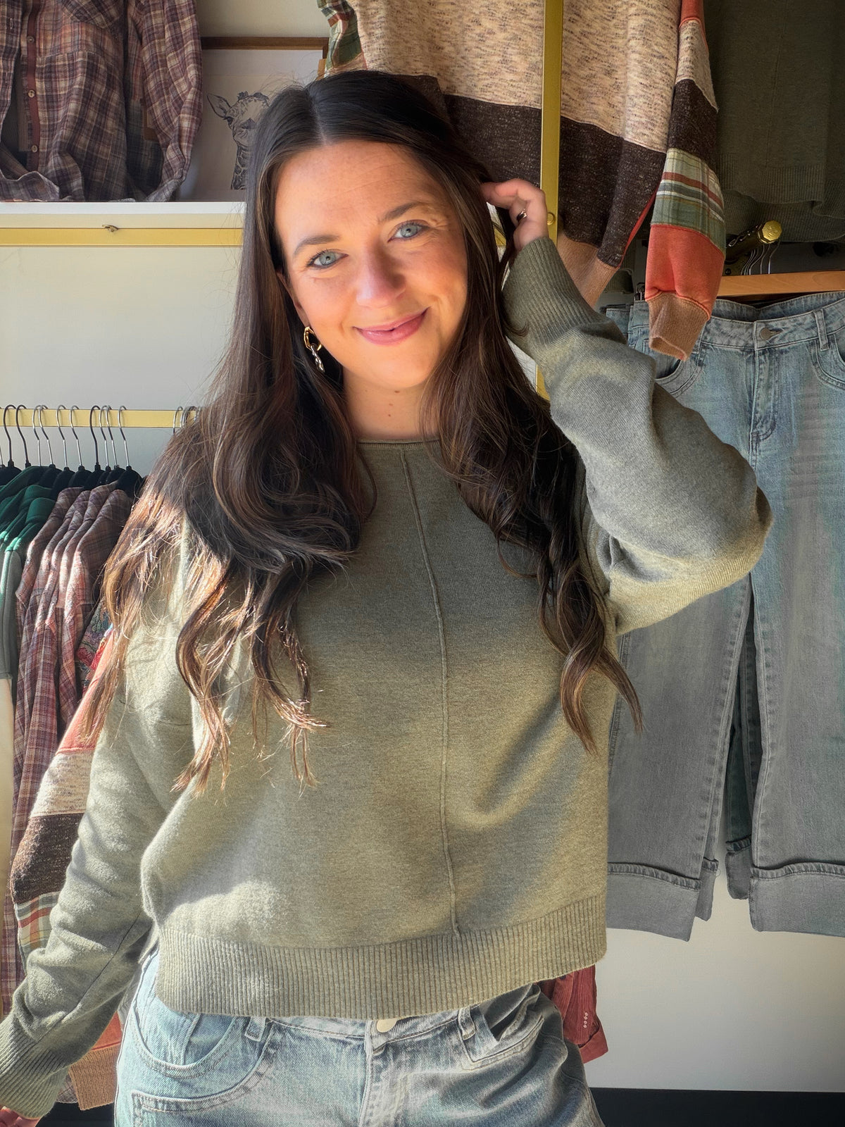 Heather Olive Round Neck Sweater
