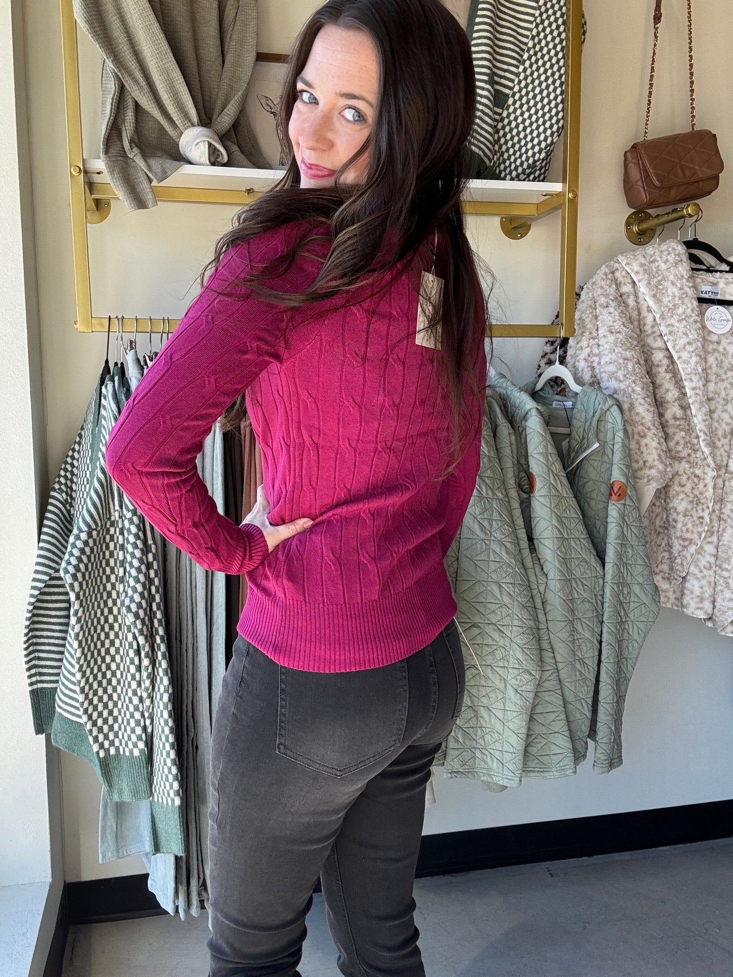 Magenta Cable Knit Crewneck