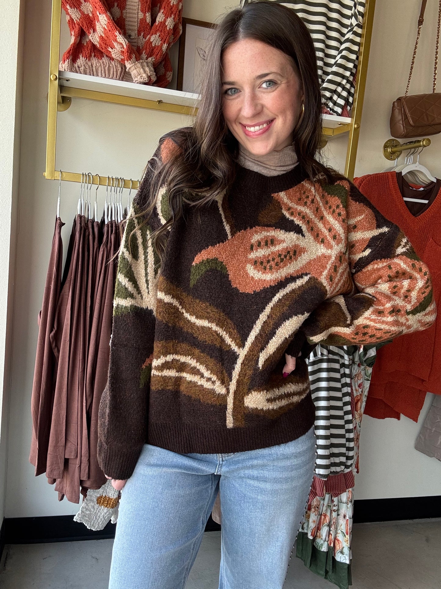 Mocha Shimmer Flower Sweater