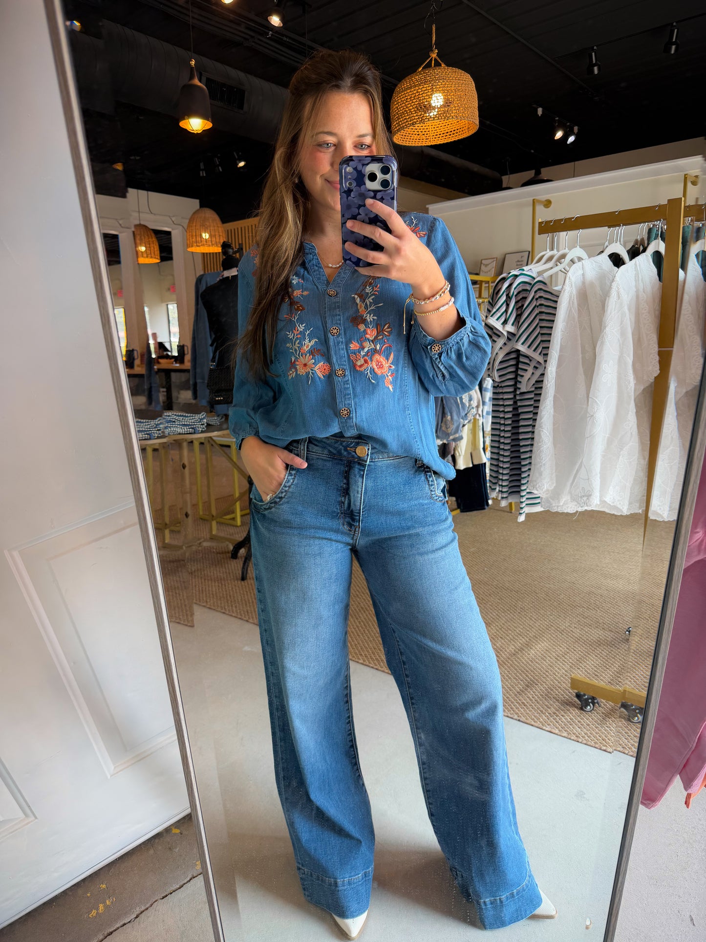 V Neck Embroidered Fringe Top