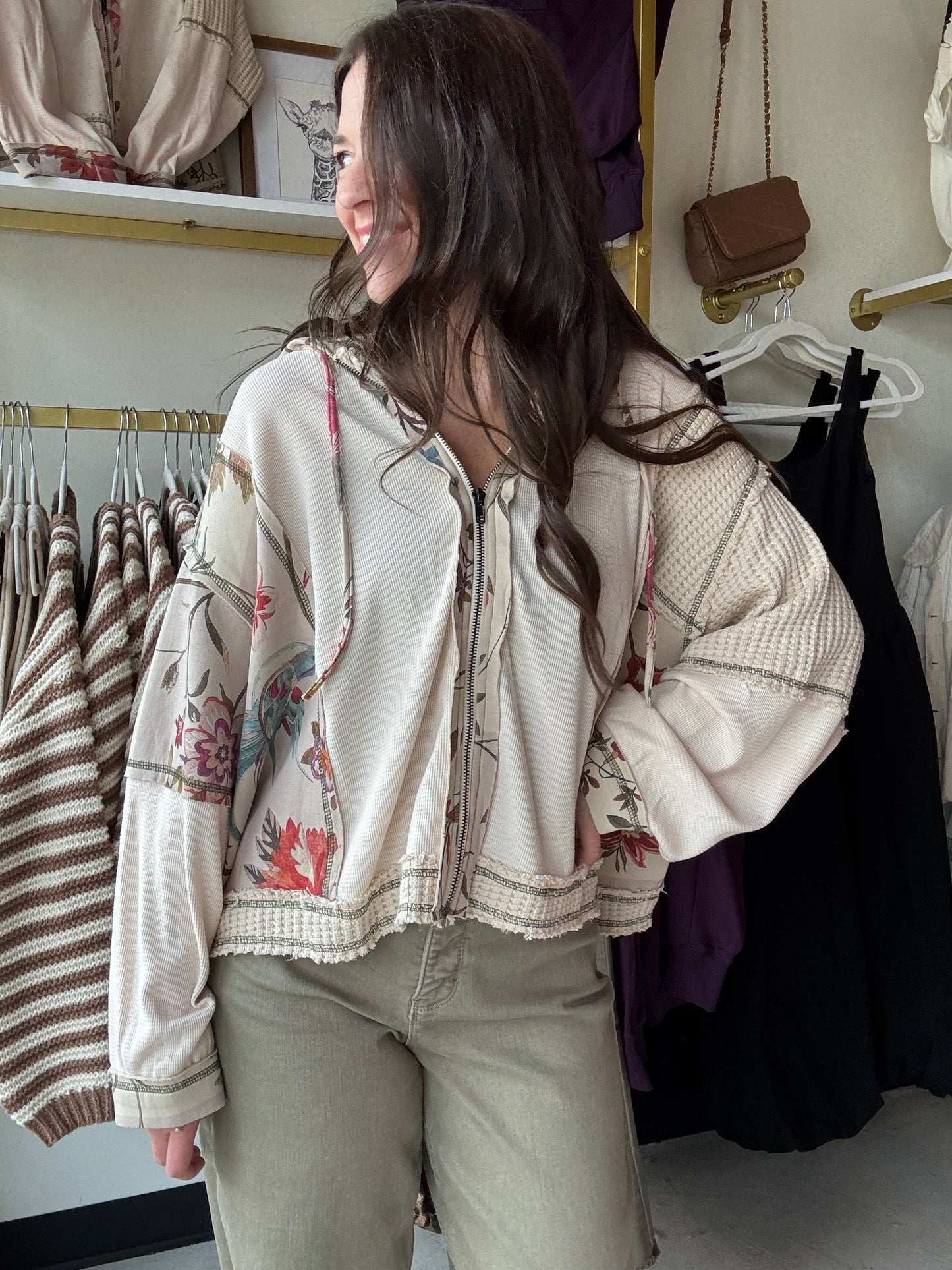 Almond Mixed Fabric Zip Up