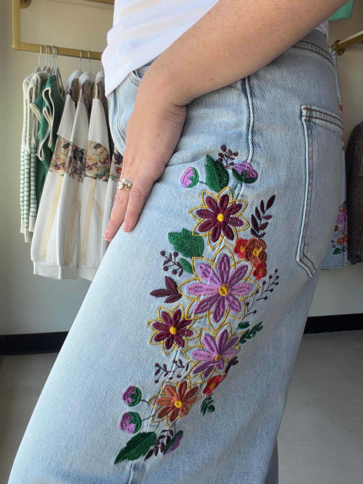Evie Embroidered Wide Leg Denim