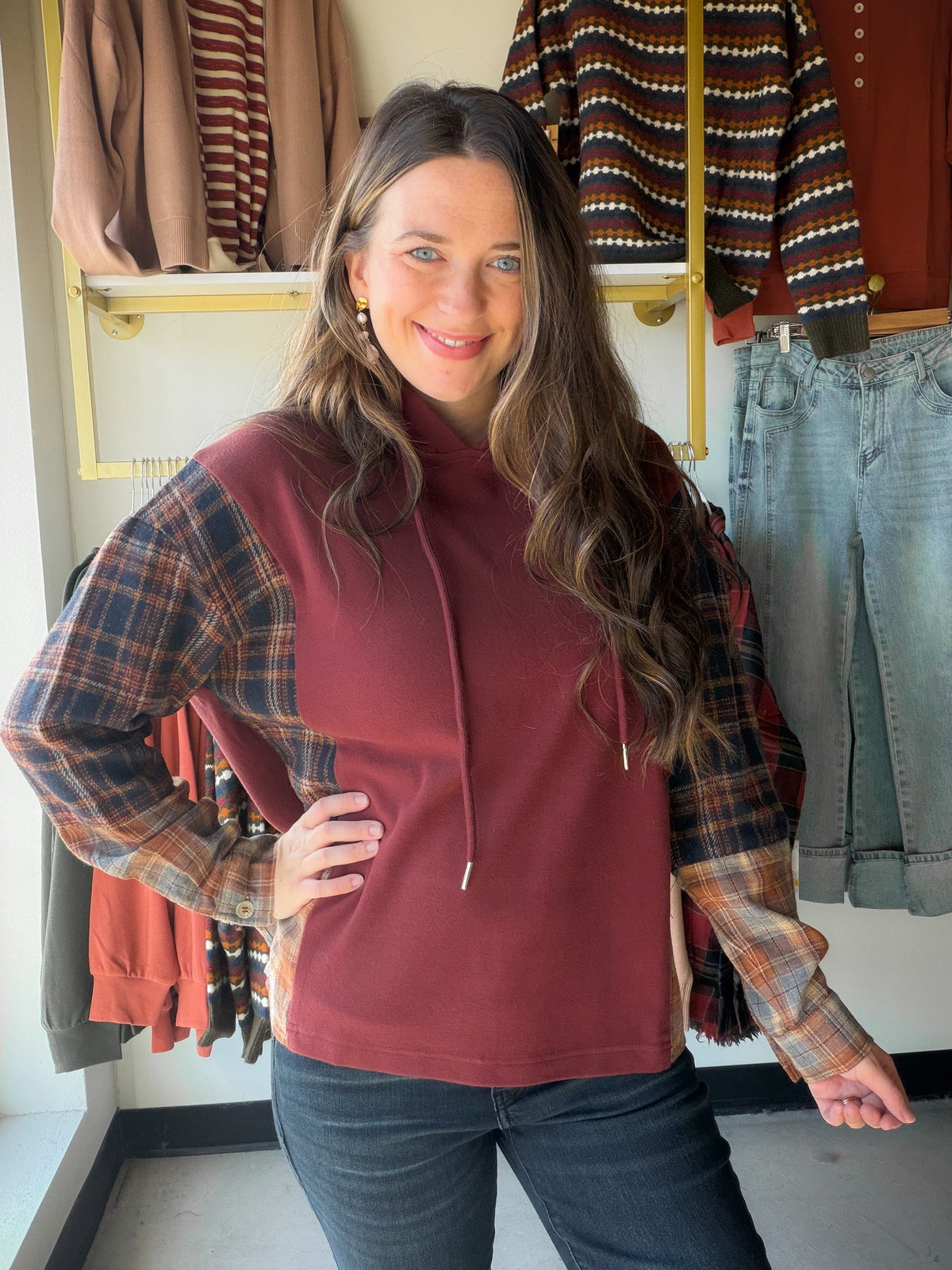 Plaid Wine Accent Hoodie