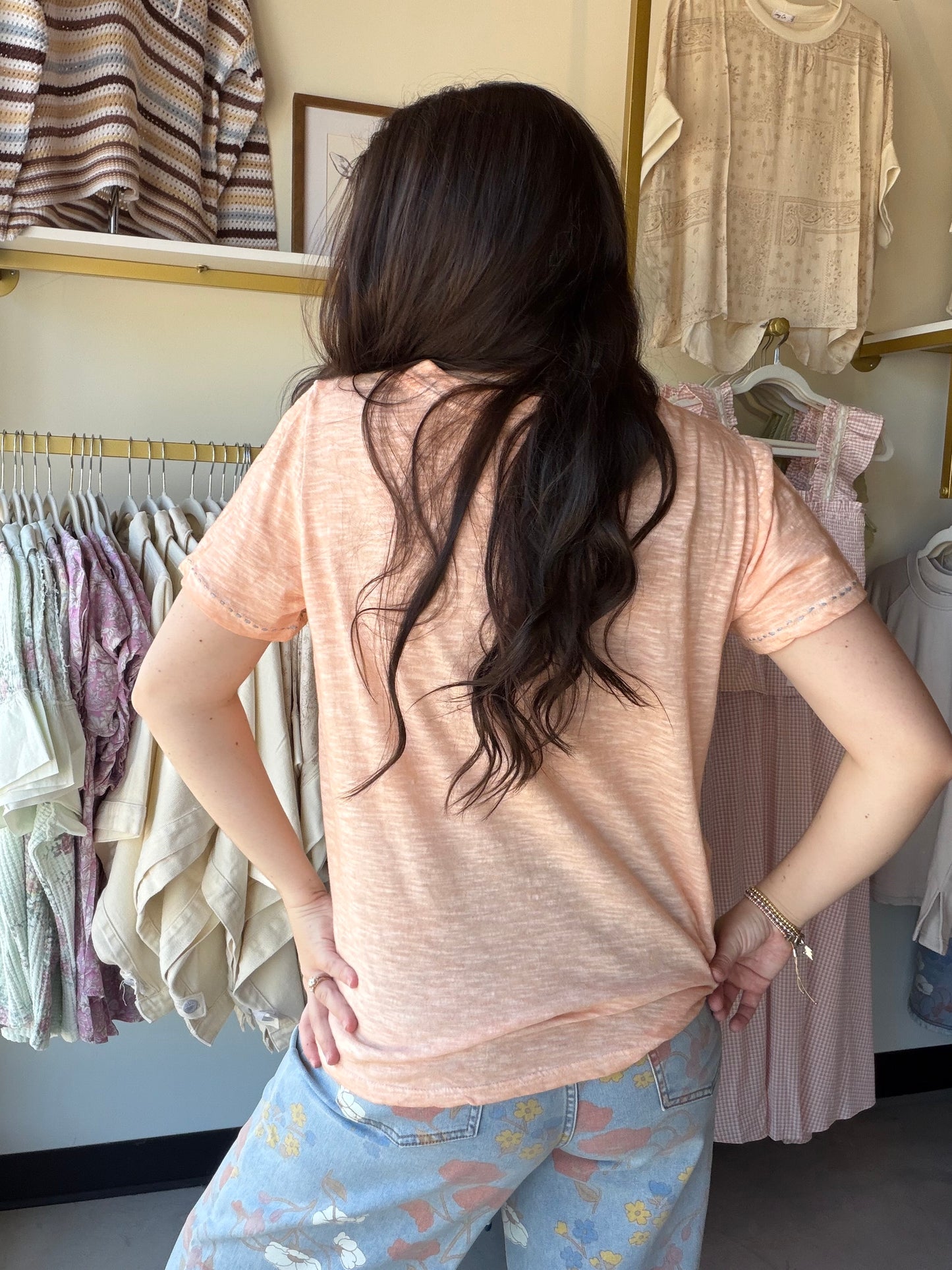 Coral Peach Slub V Neck Tee