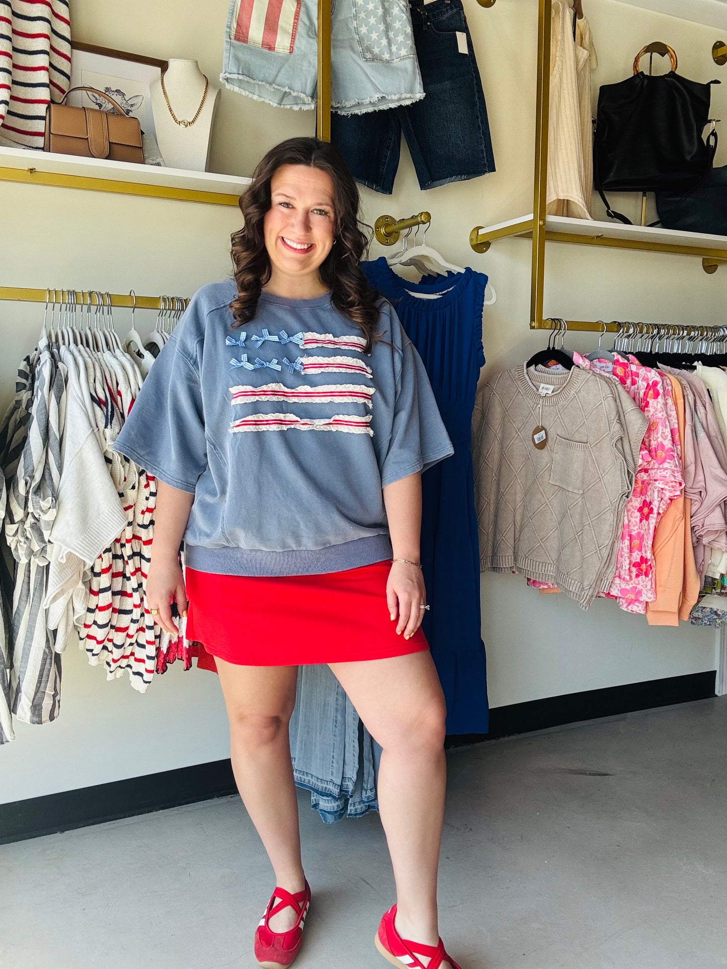 Easel

Combine chic Americana with ultimate comfort. This mineral-washed terry pullover features a unique lace-trimmed American flag and a relaxed, oversized fit perfect for patriotic celebrations or effortless everyday style.

Ultra-relaxed, oversized silhouette.
Soft, breathable cotton-rich knit.
Vintage-inspired mineral wash finish.
Intricate lace and ribbon detailing.
Flattering dropped shoulders, half sleeves.
Festive, patriotic Americana design.

