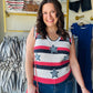 Celebrate in style with this Americana-inspired crochet tank featuring trendy denim star patches and bold patriotic stripes. Its high-stretch, breezy knit offers a relaxed, oversized fit perfect for summer festivals and 4th of July festivities. Make a star-spangled statement with this essential lightweight layering piece.