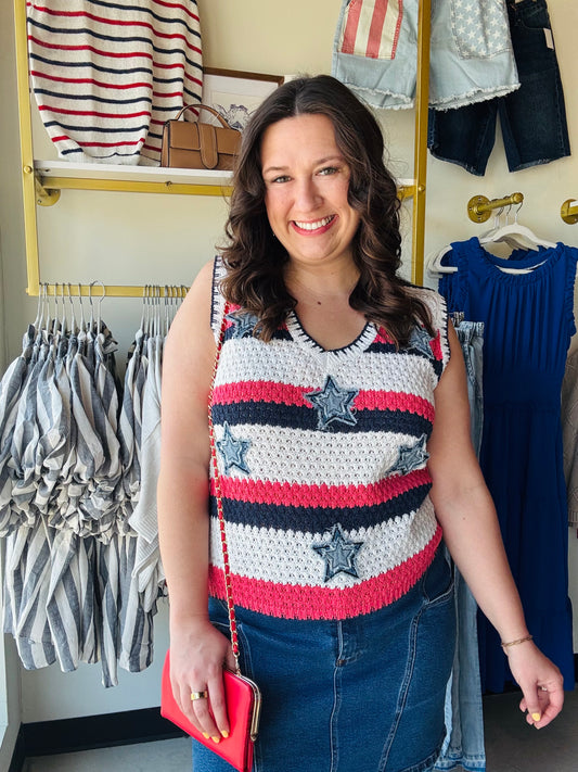 Celebrate in style with this Americana-inspired crochet tank featuring trendy denim star patches and bold patriotic stripes. Its high-stretch, breezy knit offers a relaxed, oversized fit perfect for summer festivals and 4th of July festivities. Make a star-spangled statement with this essential lightweight layering piece.