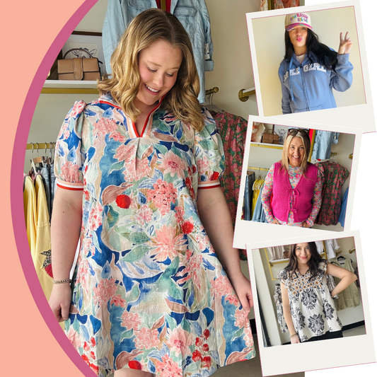 Short sleeve floral dress with a collar, blue lakegirl zip up hoodie, hot pink crochet vest, black floral tank shirt