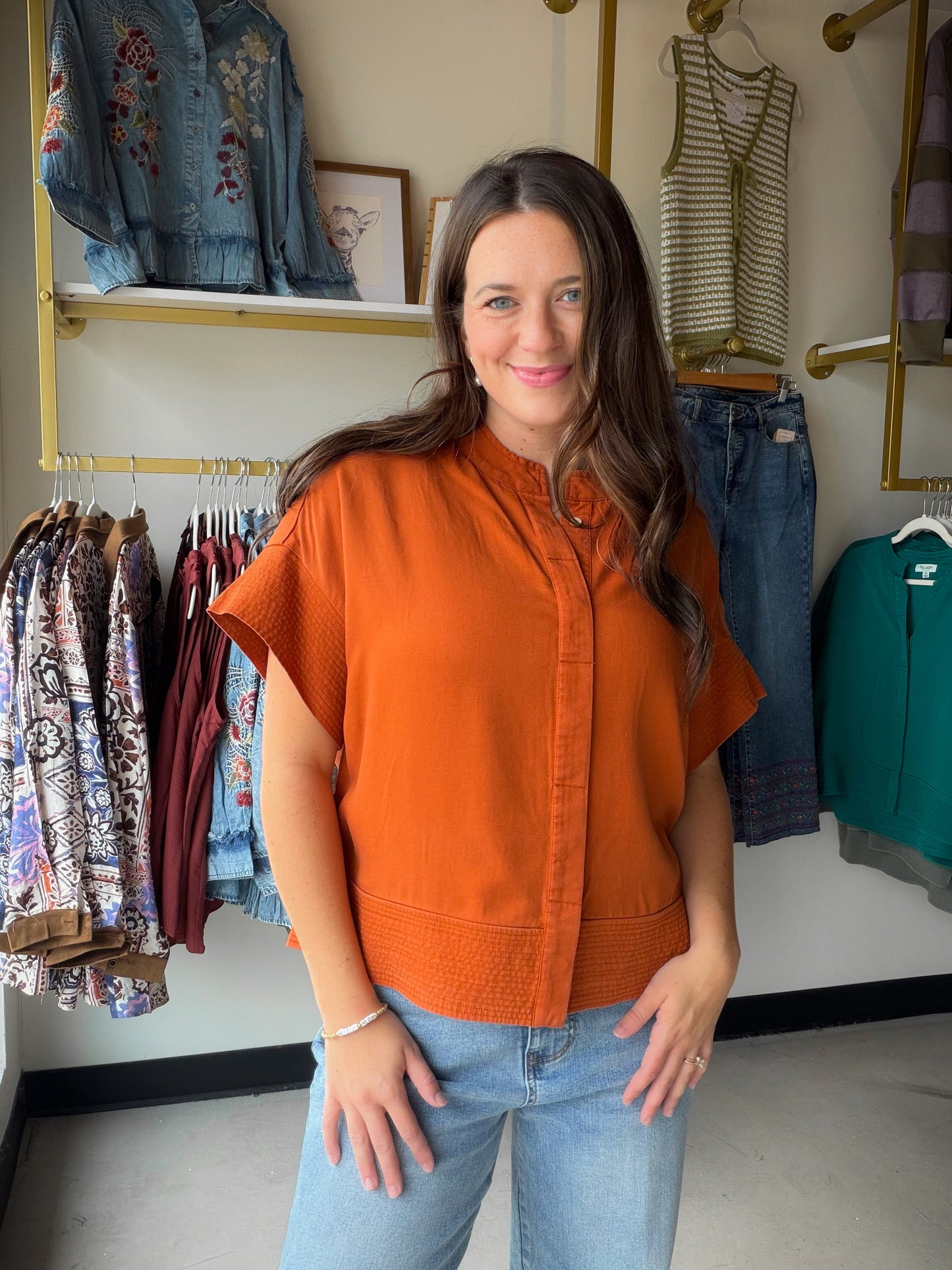 Rust Button Trapunto Stitch Top