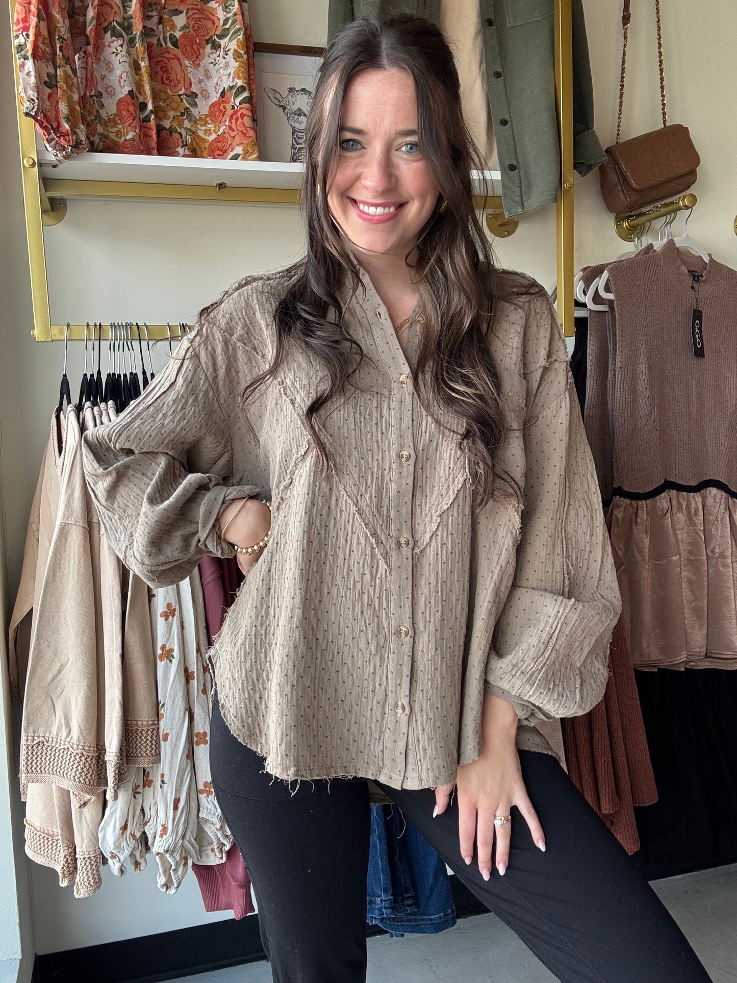Olive Grey Gauze Button Up