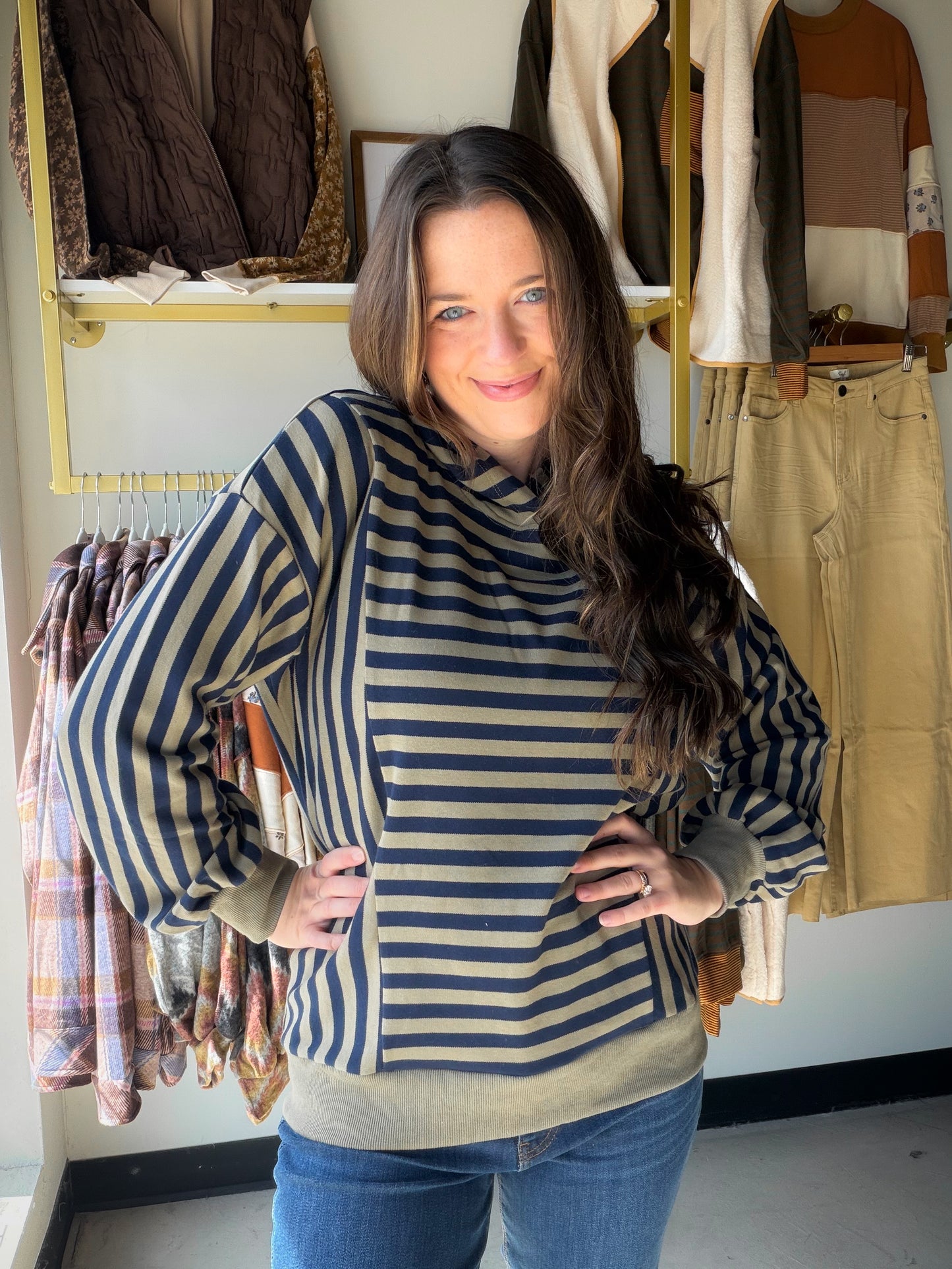 Navy & Olive Striped Hoodie