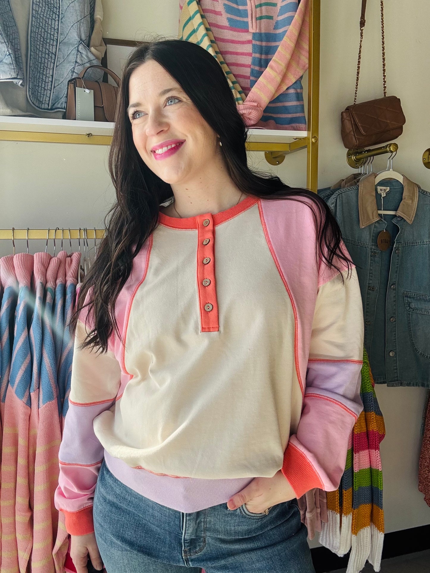 Sand & Coral Block Henley Pullover