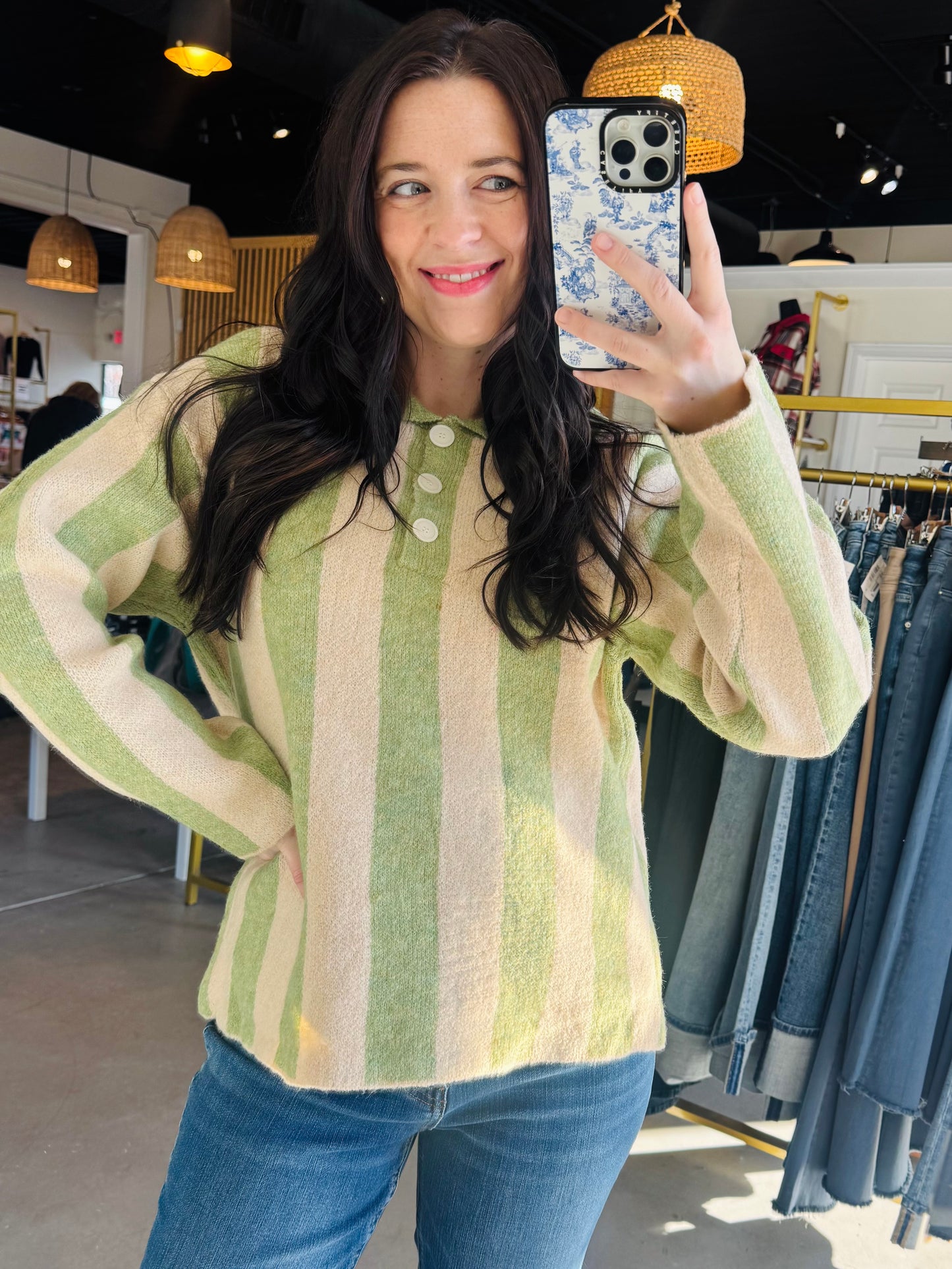 Light Olive Striped Button Sweater