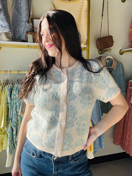 Retro Blue Floral Knit Cardigan