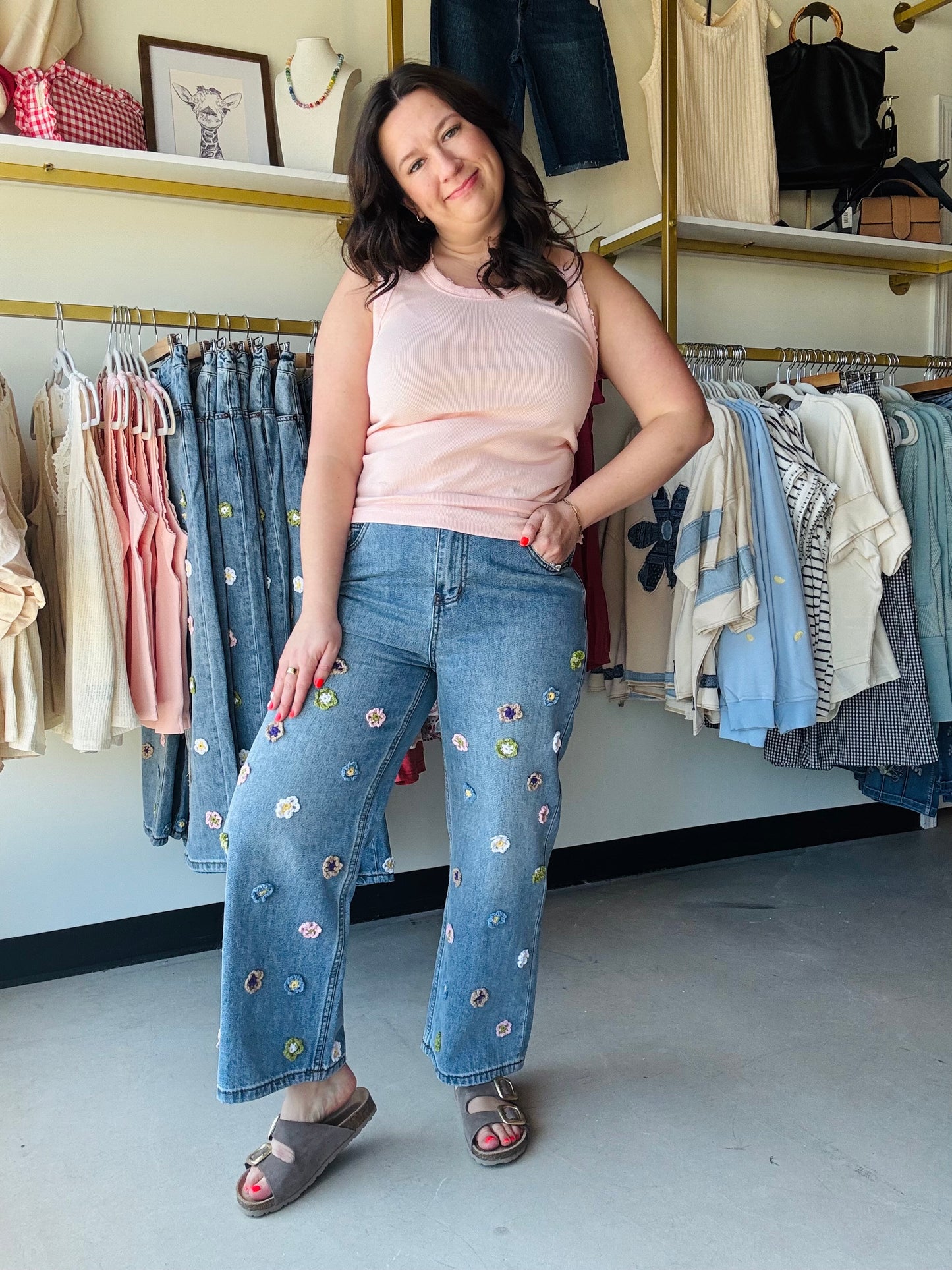Floral 3D Crochet Denim Pants