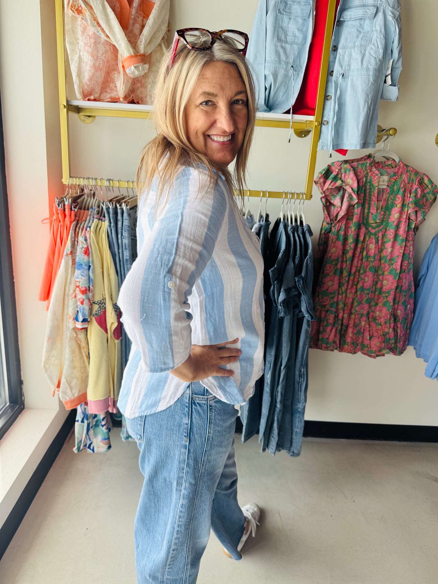 Blue Vertical Stripe Gauze Top