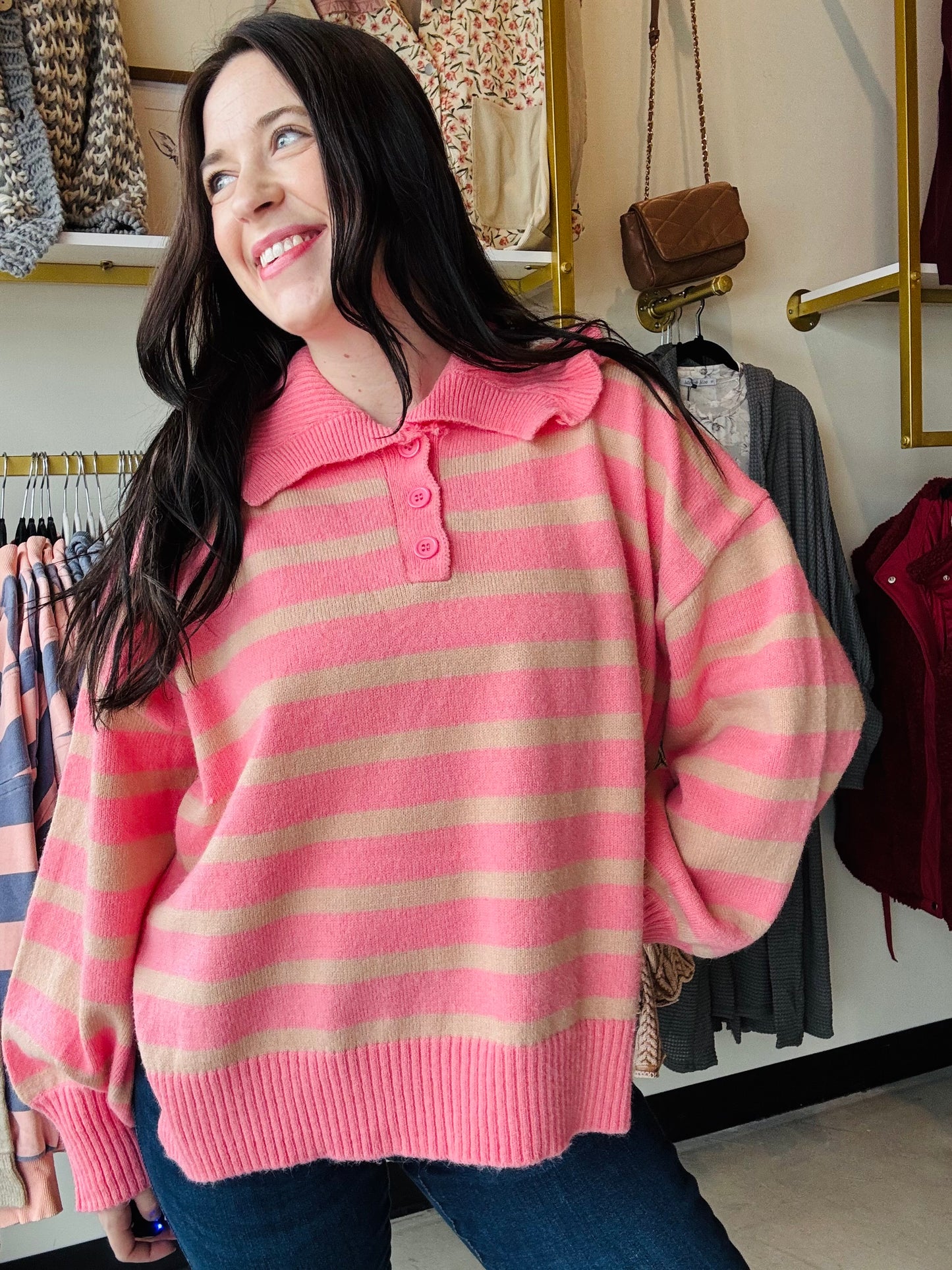 Pink Polo Collared Sweater
