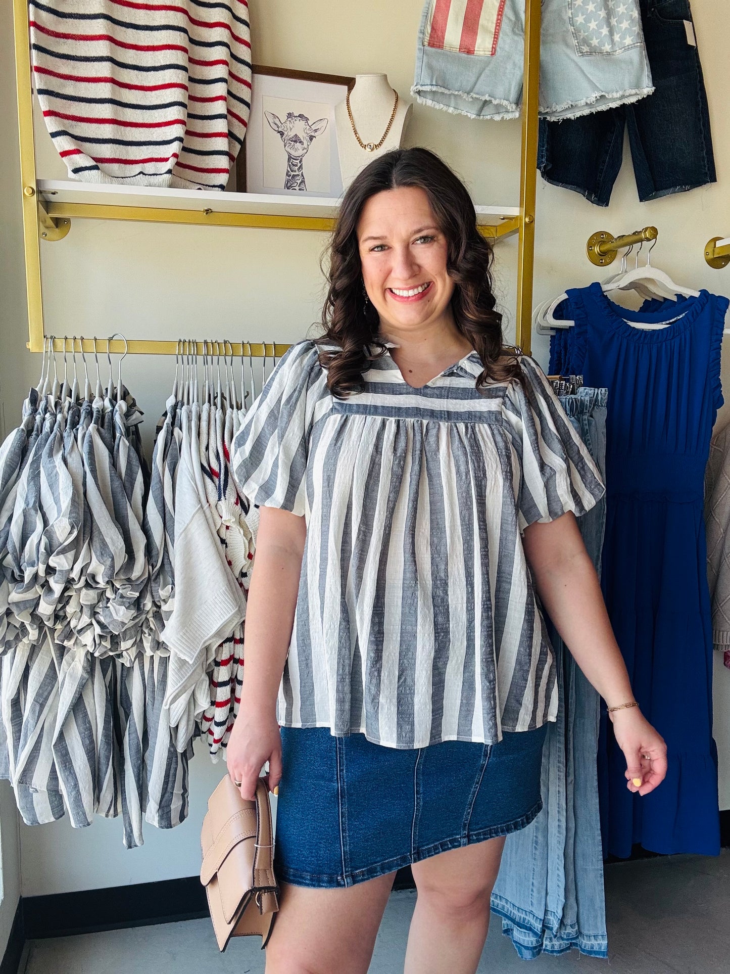 Navy Stripe Bubble Sleeve Blouse
