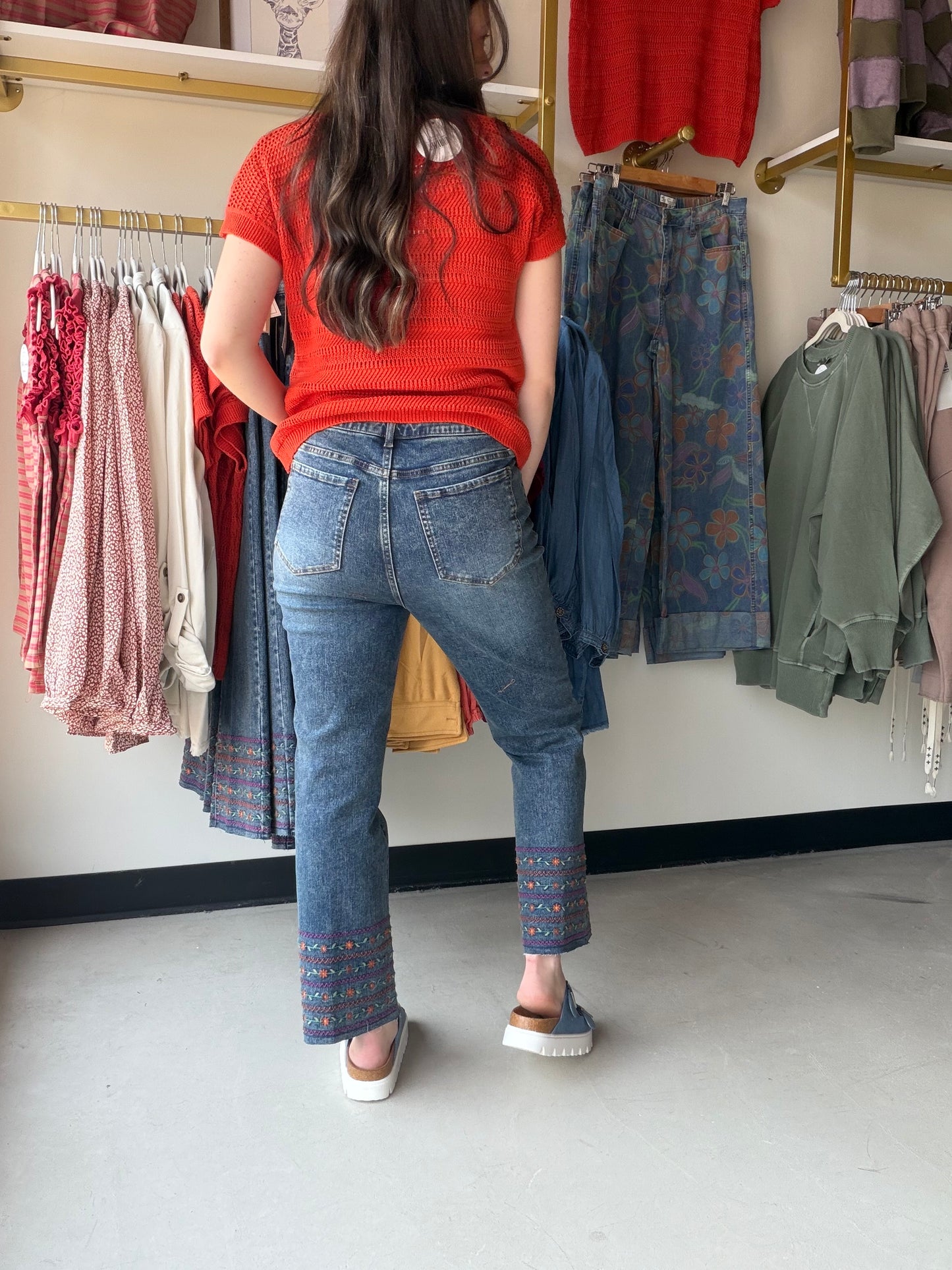 Embroidered Hem Kick Denim