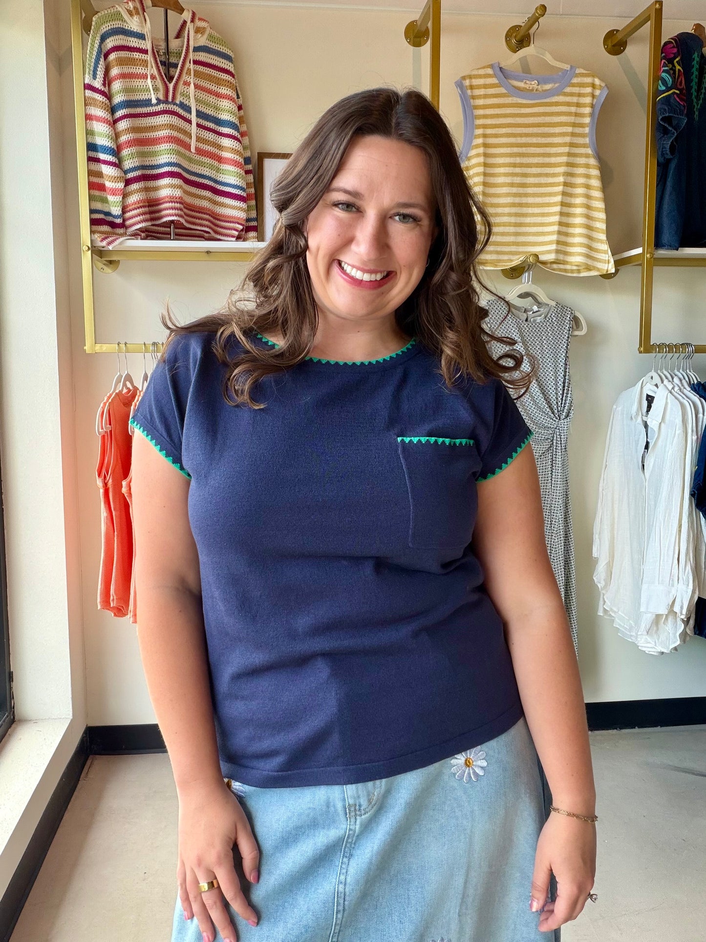 Navy Blanket Stitch Sweater